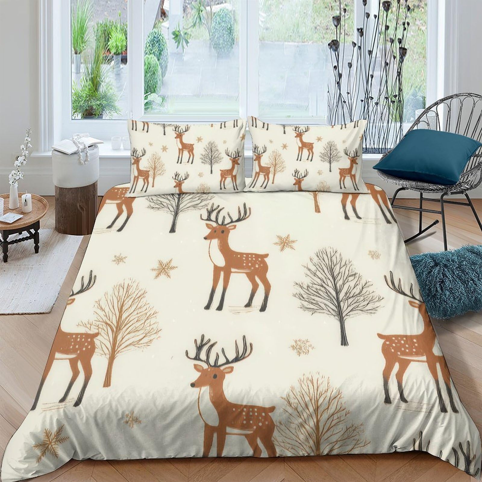 Ctjqhvkz Style-1 3D Printed Winter Deer Fitted Sheet Microfiber Soft Beige Forest Mattress Cover For Bedroom Guest Room Dorm Decor Single（135X200cm）