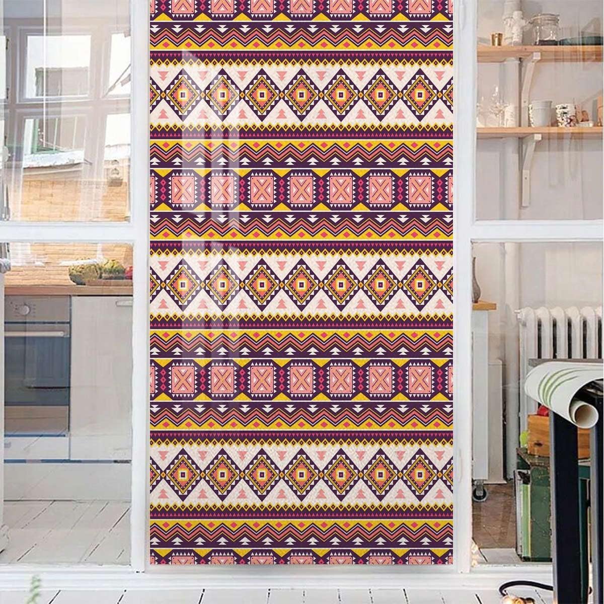 Multi No Adhesive Stained Glass Window Decor Geometric Forms and Antique Retro Stained Glass Film Frosted Privacy Window Film African Decorations 23.6Wx59L-inch