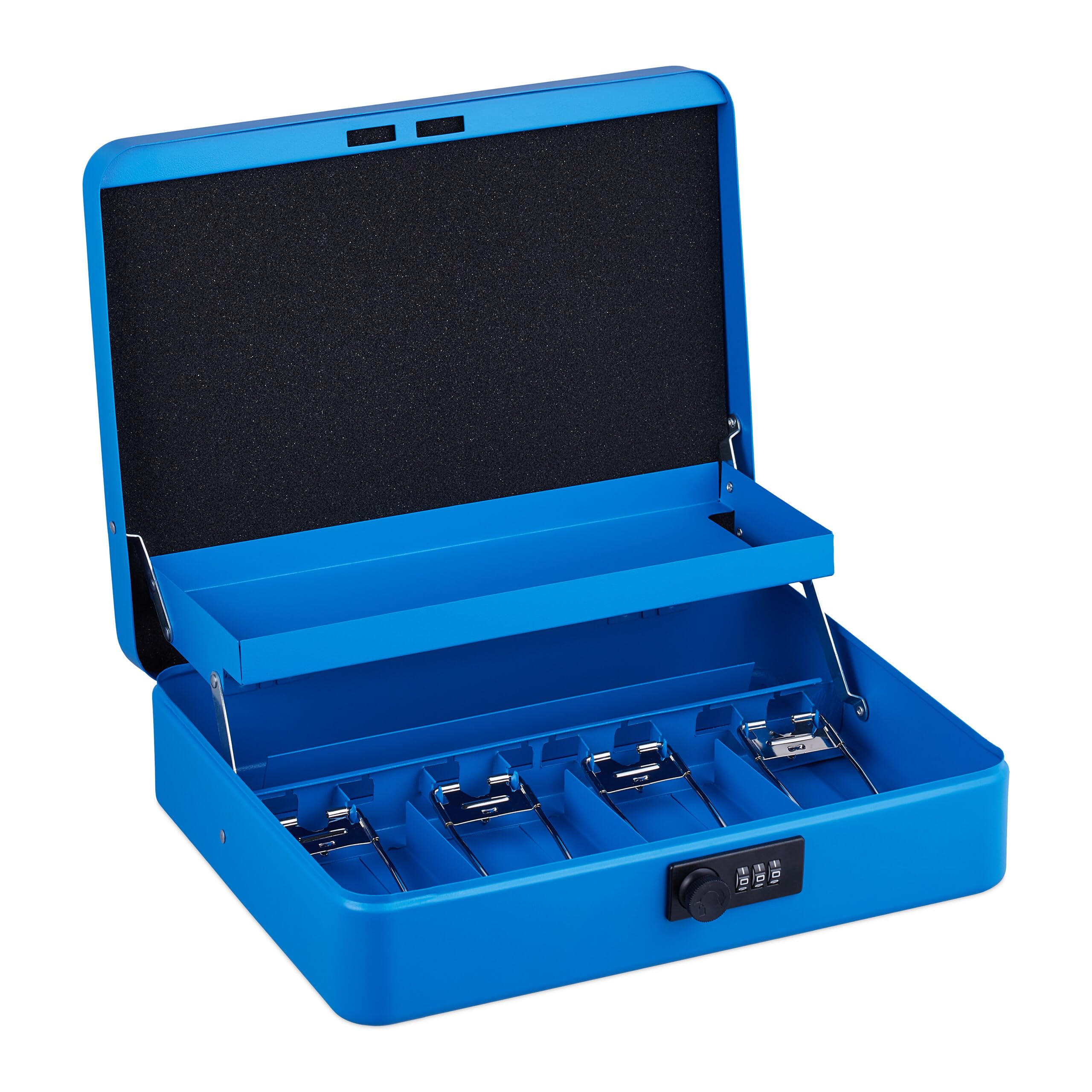 Relaxdays Cassetta con Combinazione Numerica a 3 Cifre, per Banconote, Scomparto per Monete, 8,5x30,5x25 cm, Blu, Ferro