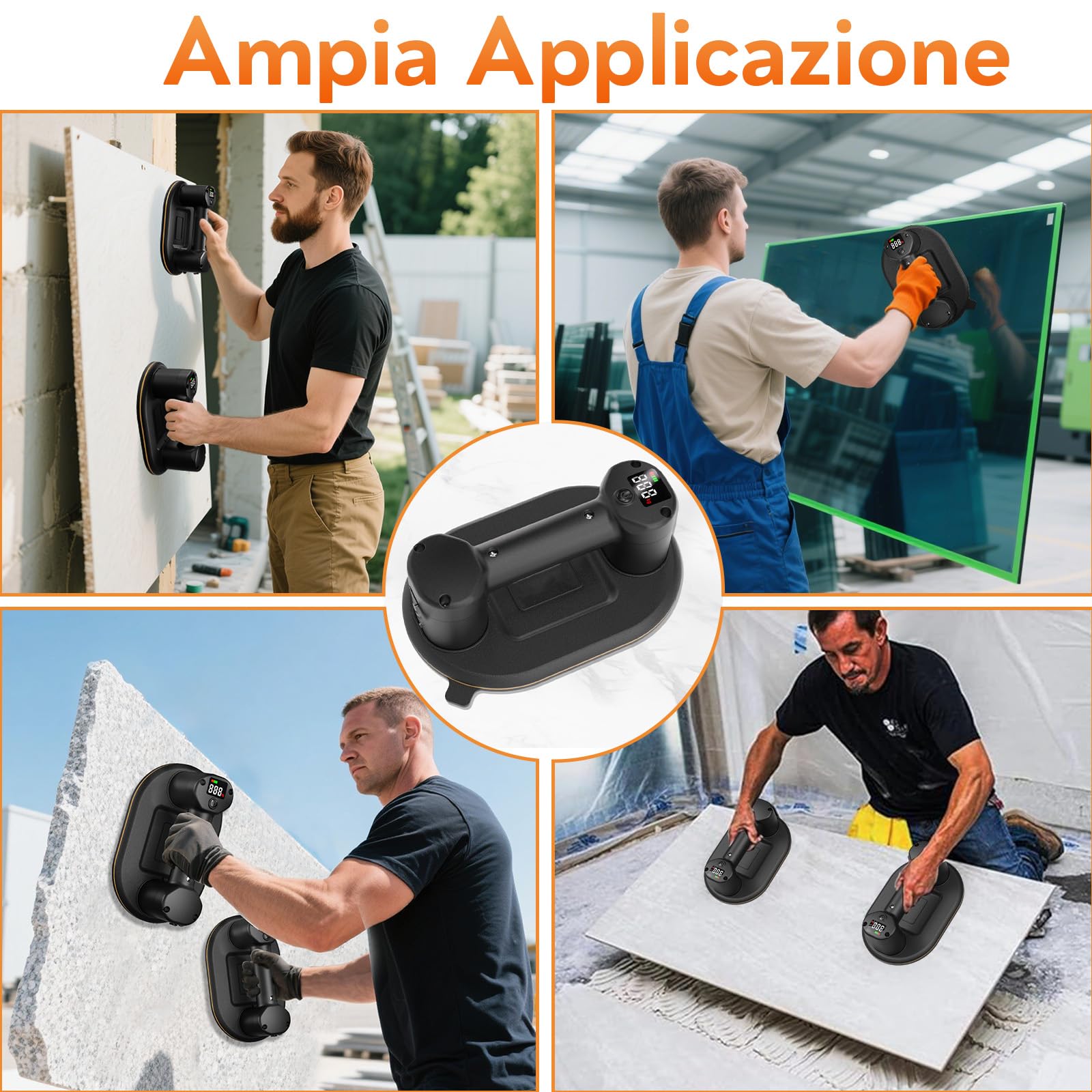 Elettrica Ventosa per Piastrelle, 2 Pezzi Sollevatore Ventosa Vetro con Doppi Motori, Display LCD, Batteria Integrata da 4000 mAh, Capacità di Carico 300 kg, Trasporto per Piastrelle, Vetro, Marmo