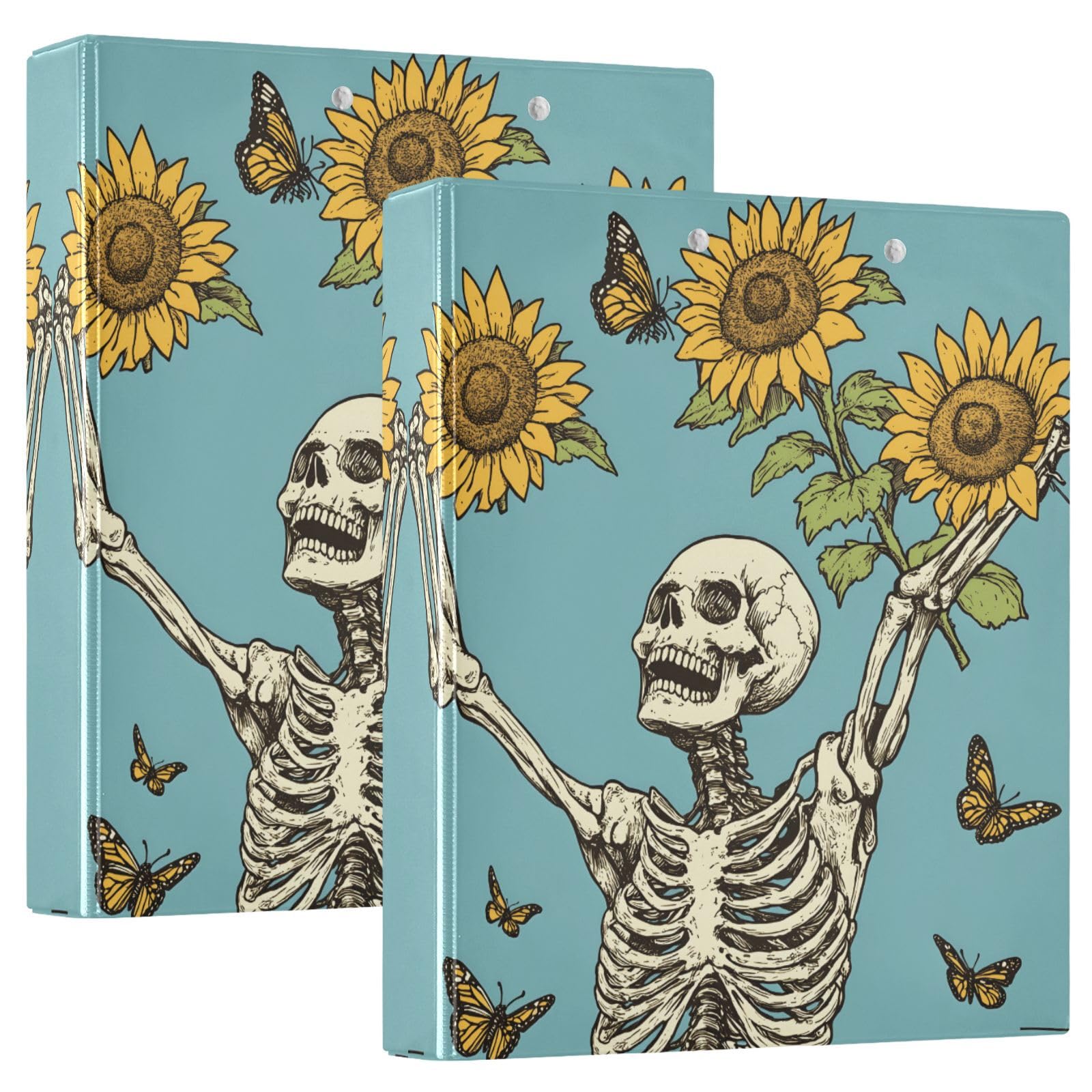 Confezione da 2 raccoglitori a 3 anelli, con teschio, girasoli, farfalla, 3,8 cm, con 3 tasche trasparenti, portablocco e contiene 200 fogli, per ufficio, scuola, organizzazione domestica