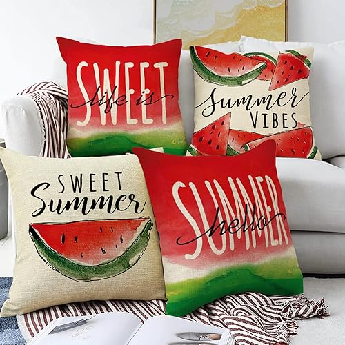 Miniatura 10 de Ussap Hello Summer - Juego de 4 fundas de almohada decorativas de acuarela de sandía de 16 x 16 pulgadas, decoración de fundas de cojín Life is