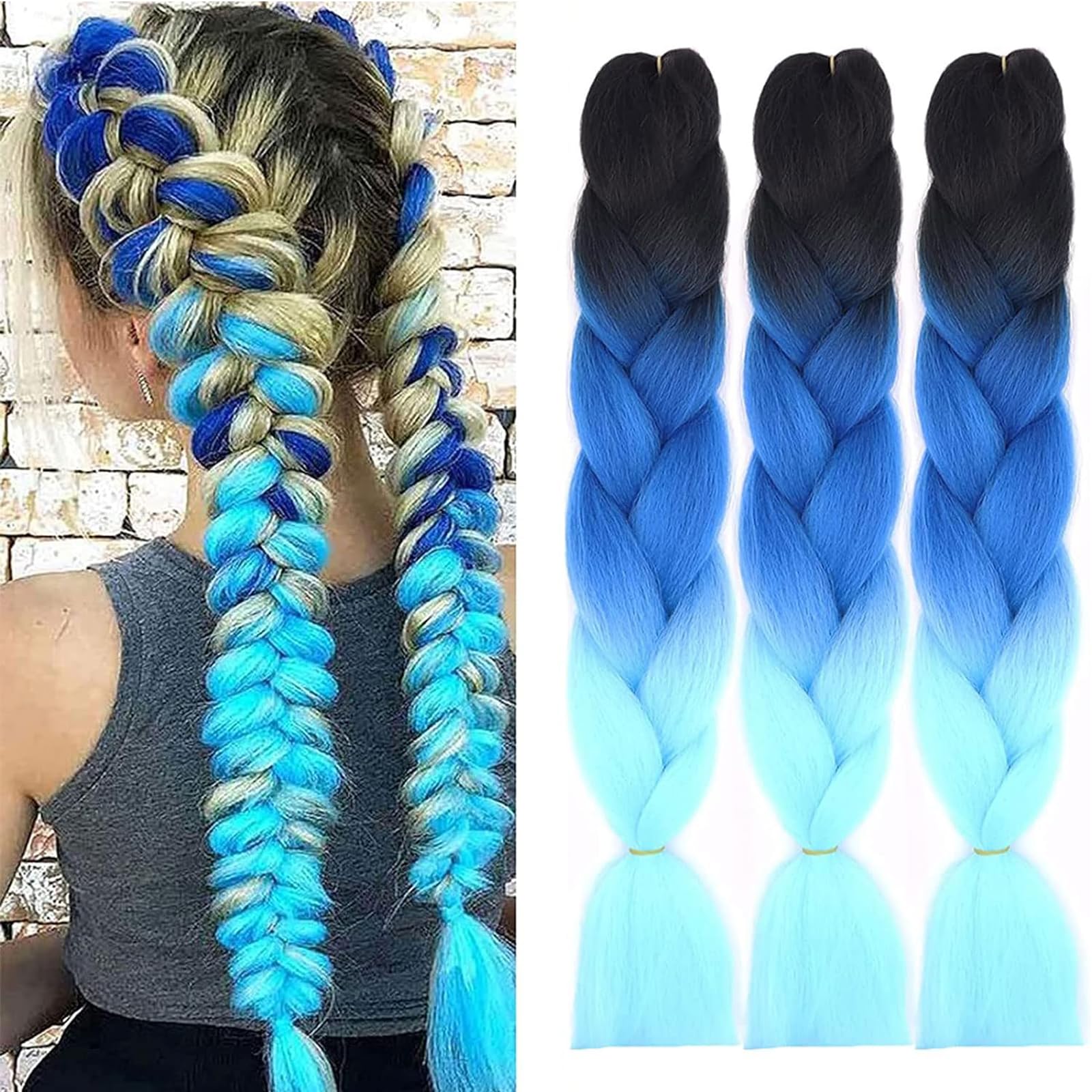 Confezione da 3 extension di capelli sintetici da 24 pollici colore blu sfumato 3 tonalità stile afro trecce da donna colore blu sfumato (C9)