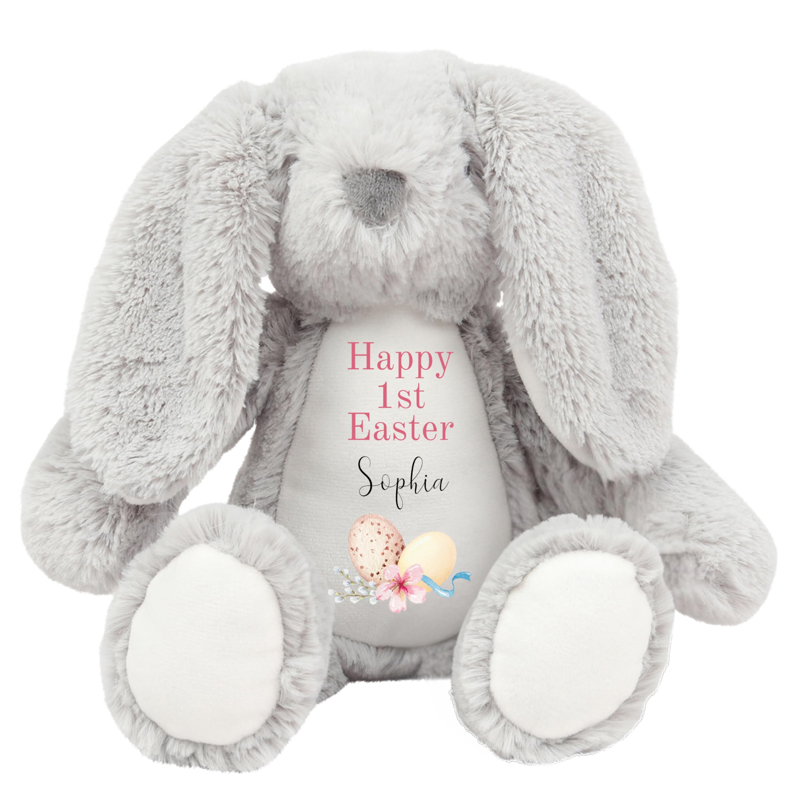 HotScamp Personalised Easter Bunny with Name - Happy 1st Easter Egg Pink - Soft Toy for Baby, Toddler, Children, Kids, Babies Spring Time - Pink Letter Grey Bunny — image 1