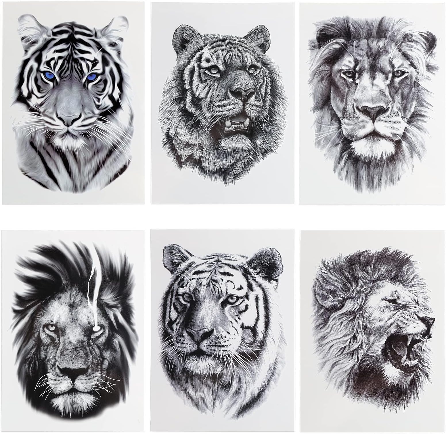 Sibba 3D Realistic Tiger Lion Temporary Tattoos 6 Sheets Waterproof Forearm Transfer Fake Tattoo Stickers Body Art Large Tattoo Sticker Animals Pattern Kits Easter Party For Women Men