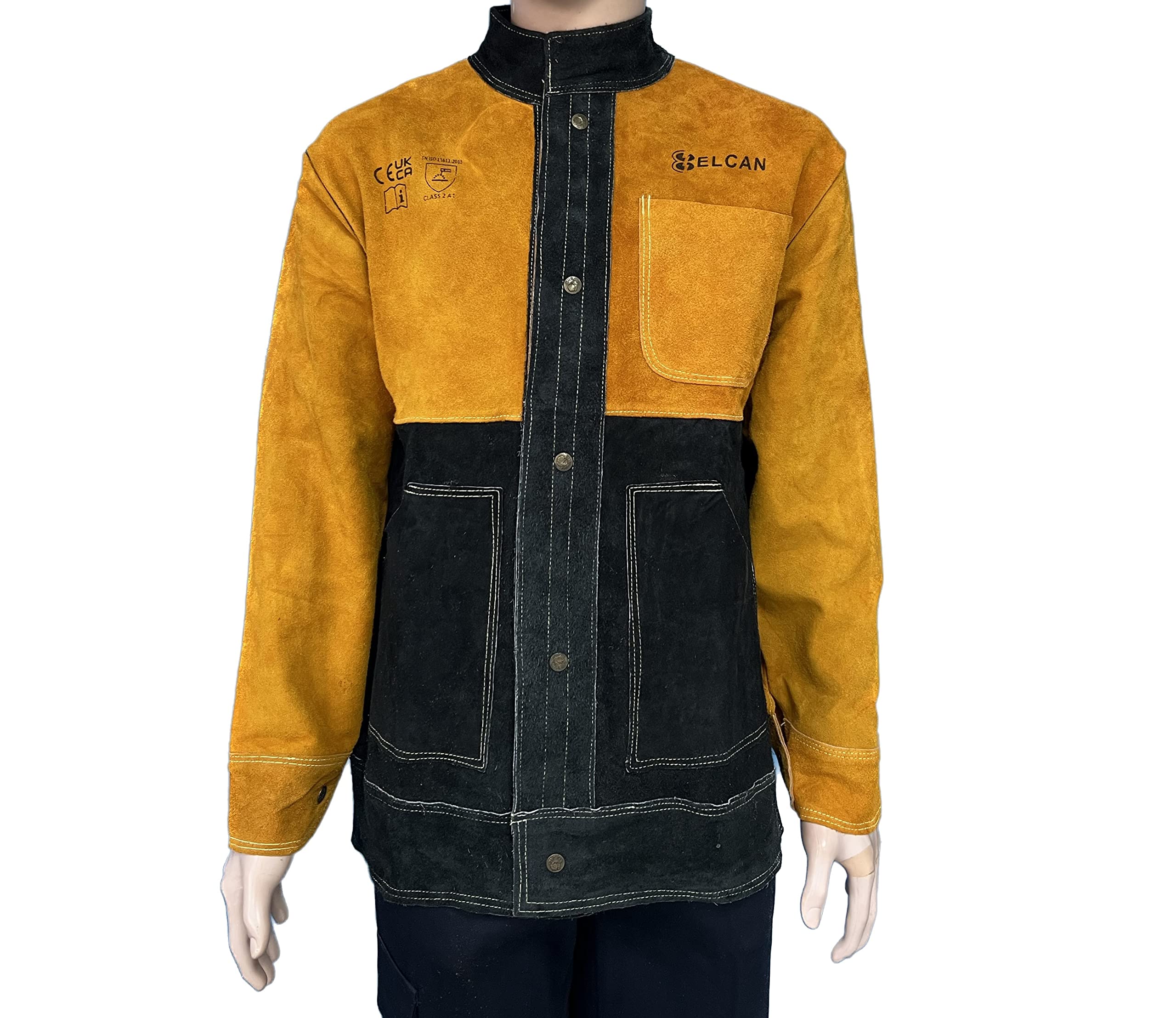 ELCAN Chaqueta de soldadura profesional de cuero amarillo y negro ignífugo resistente al calor, ropa de trabajo para soldar electrodo, TIG, MIG, MAG, barbacoas, chimeneas, hornos… (Talla L)