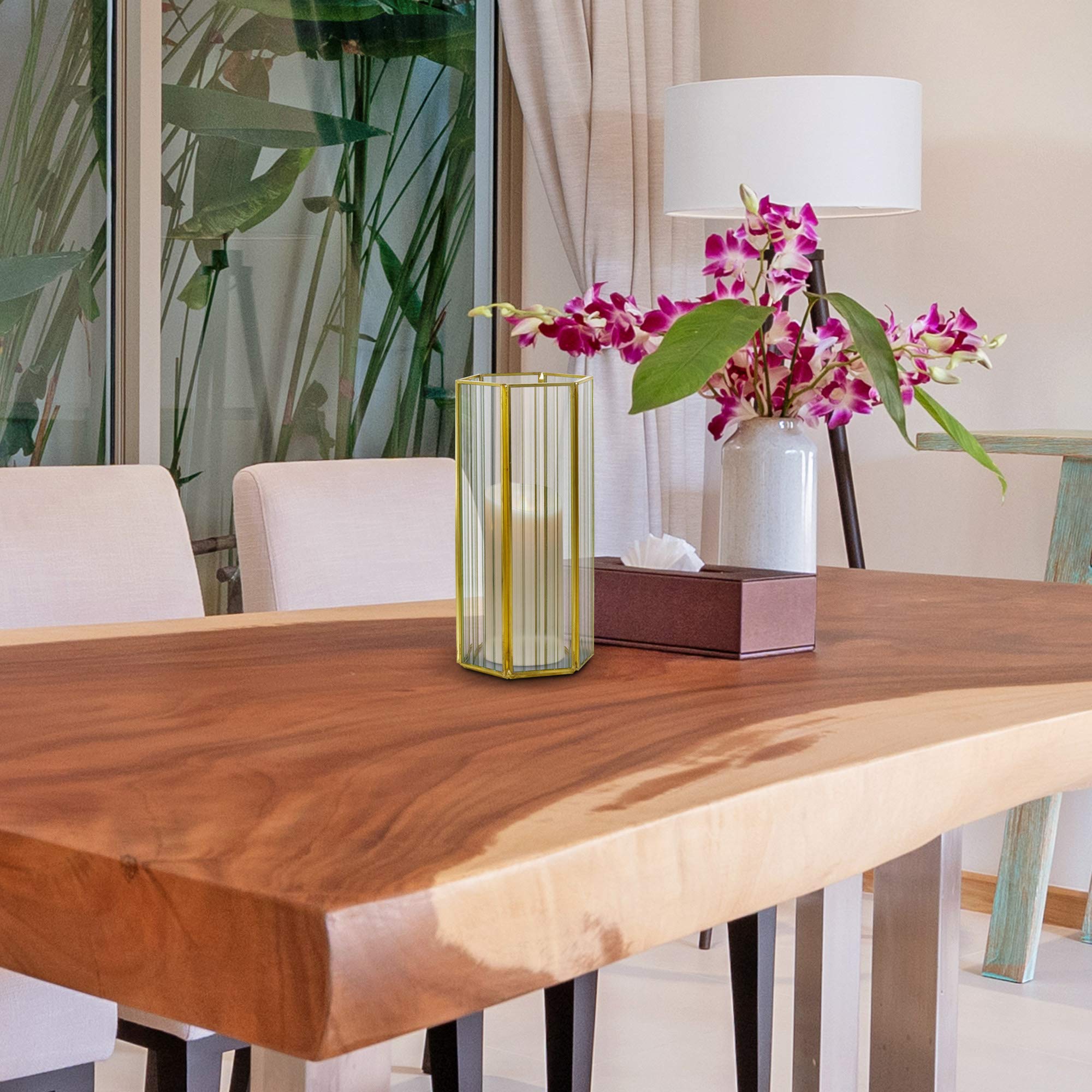 Serene Spaces Living Striped Glass Gold Hexagon Hurricane, Candle Decorations for Living Room, Fireplace, Mantle, Dining Table, Wedding Centerpiece, Christmas, 8.75