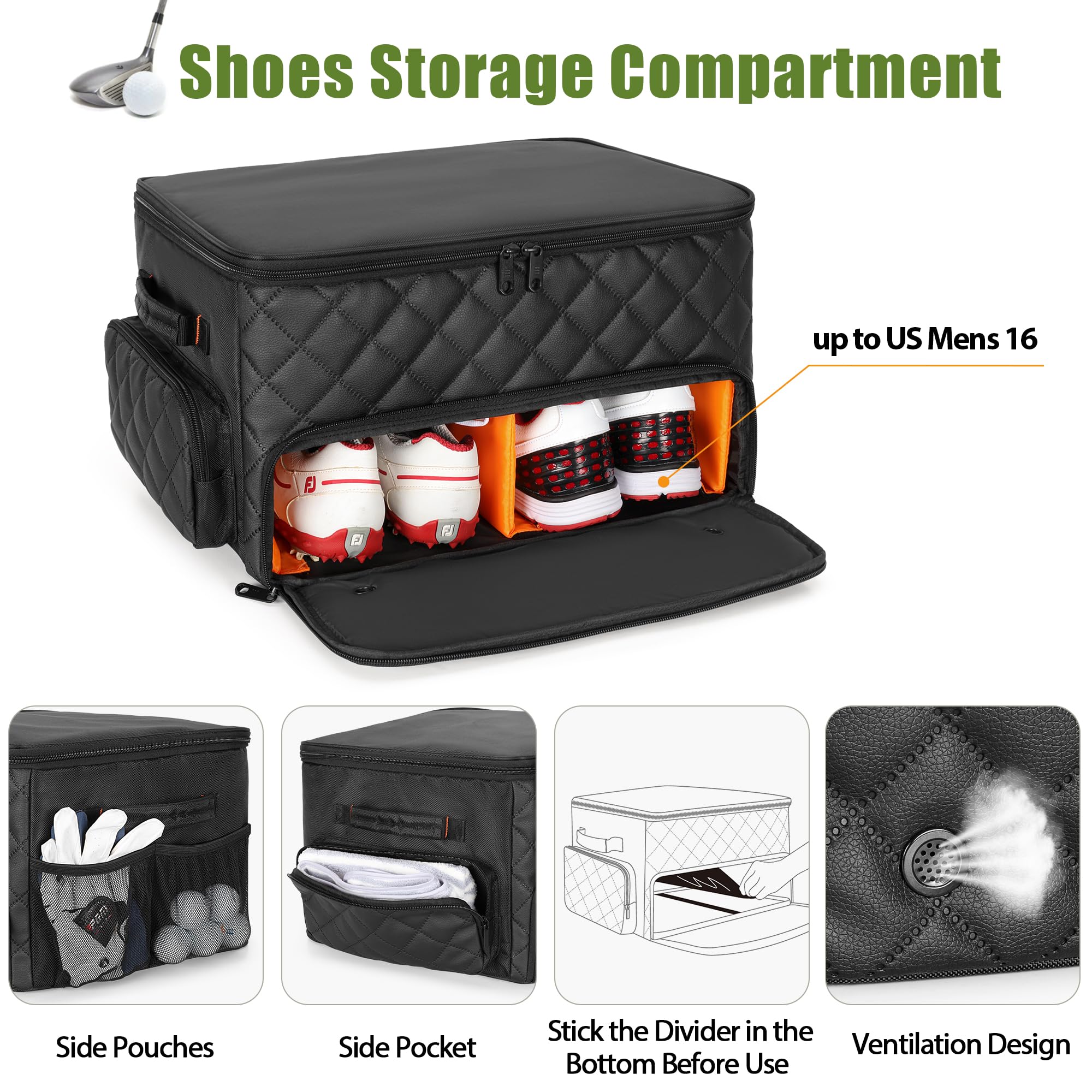 PGmoon 2-in-1 Golf Trunk Organizer mit Belüftetem Schuhfach für 2 Paar Schuhe und Separaten Fächern für Bälle, Kleidung, Tees, Handschuhe und Zubehör, Schwarz