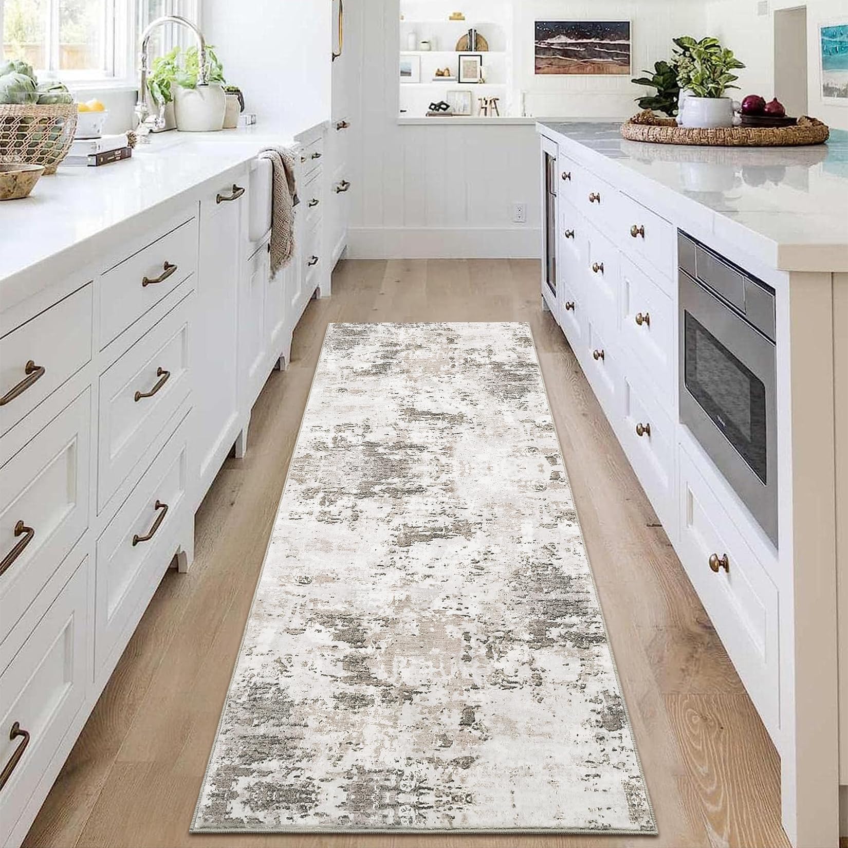 CAROMIO Flurläufer 60 x 180cm, Moderner Abstracter Teppich für den Eingangsbereich, maschinenwaschbarer Teppich fürs Schlafzimmer, rutschfeste zusammenlegbare Auslegeware für die Küche, Beige