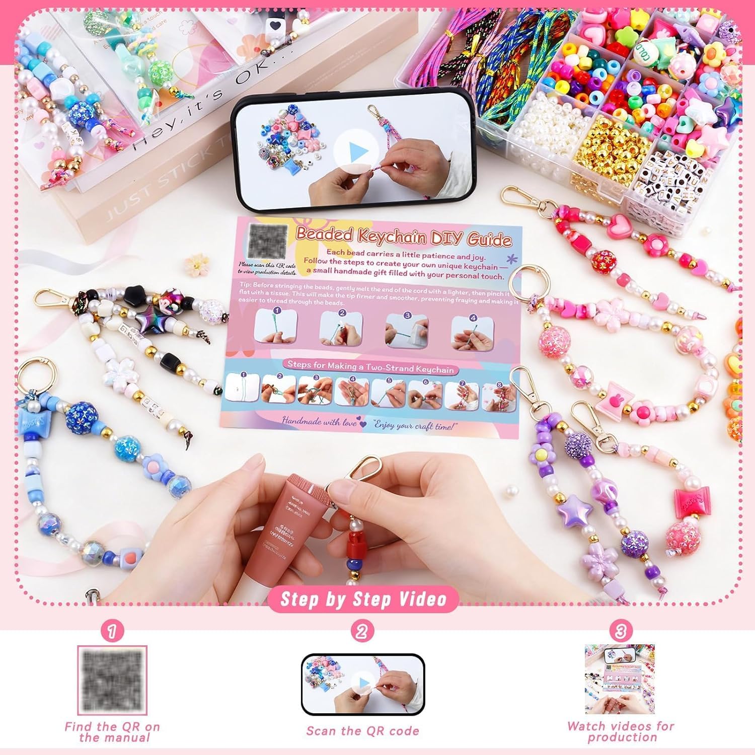 Wurosi 865 Pcs Bead Keychain Kit, DIY Bead Keychain Making Kit, Bag Charm Kit with Acrylic Heart Flower Alphabet Beads Key Chain Supplies for Jewerly Making Kit