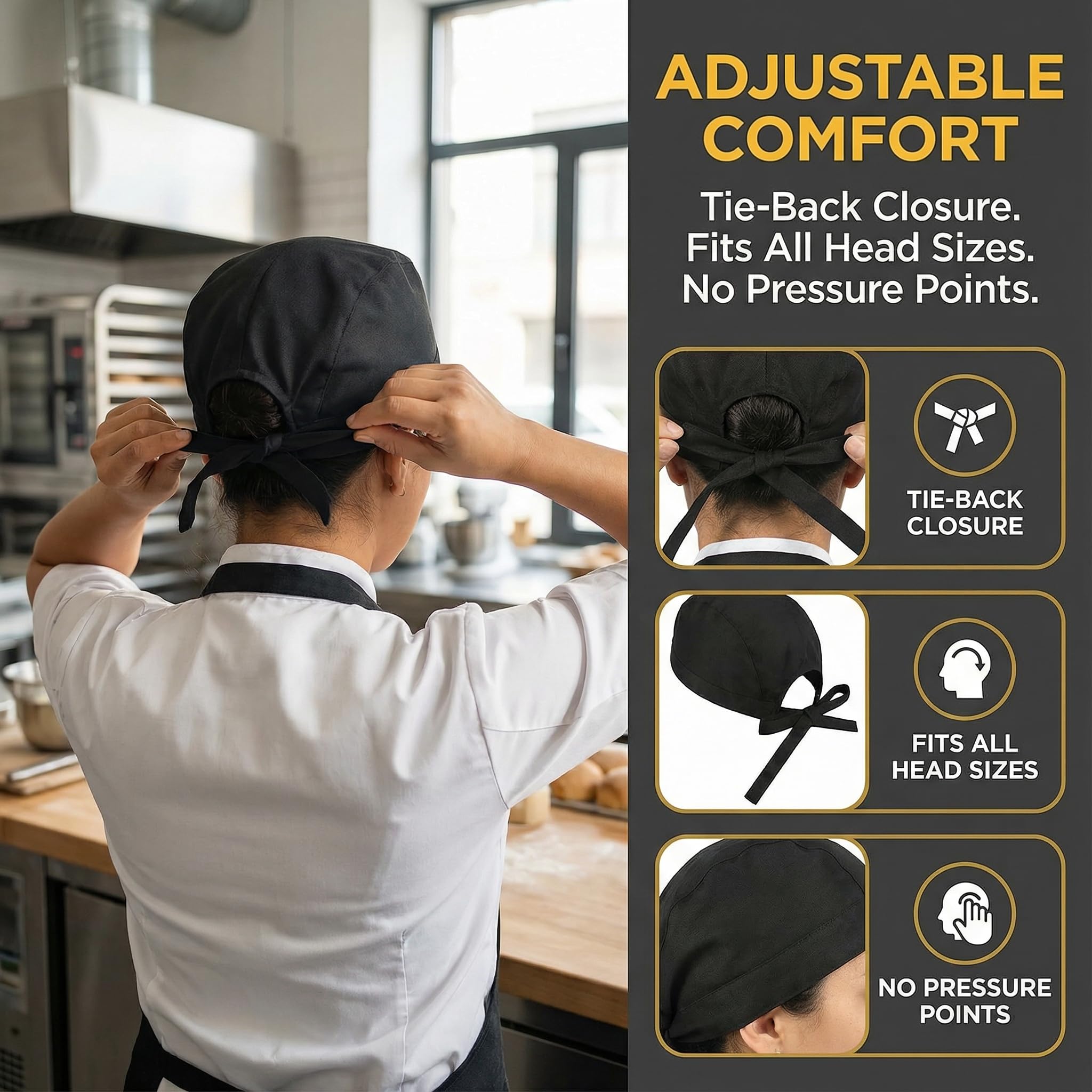 4 Gorros Cocinero Estilo Pirata Negro, Bandana Chef Ajustable a Tiras, Gorro Cocina Transpirable Unisex para Restaurante Sushi Hostelería - Negro