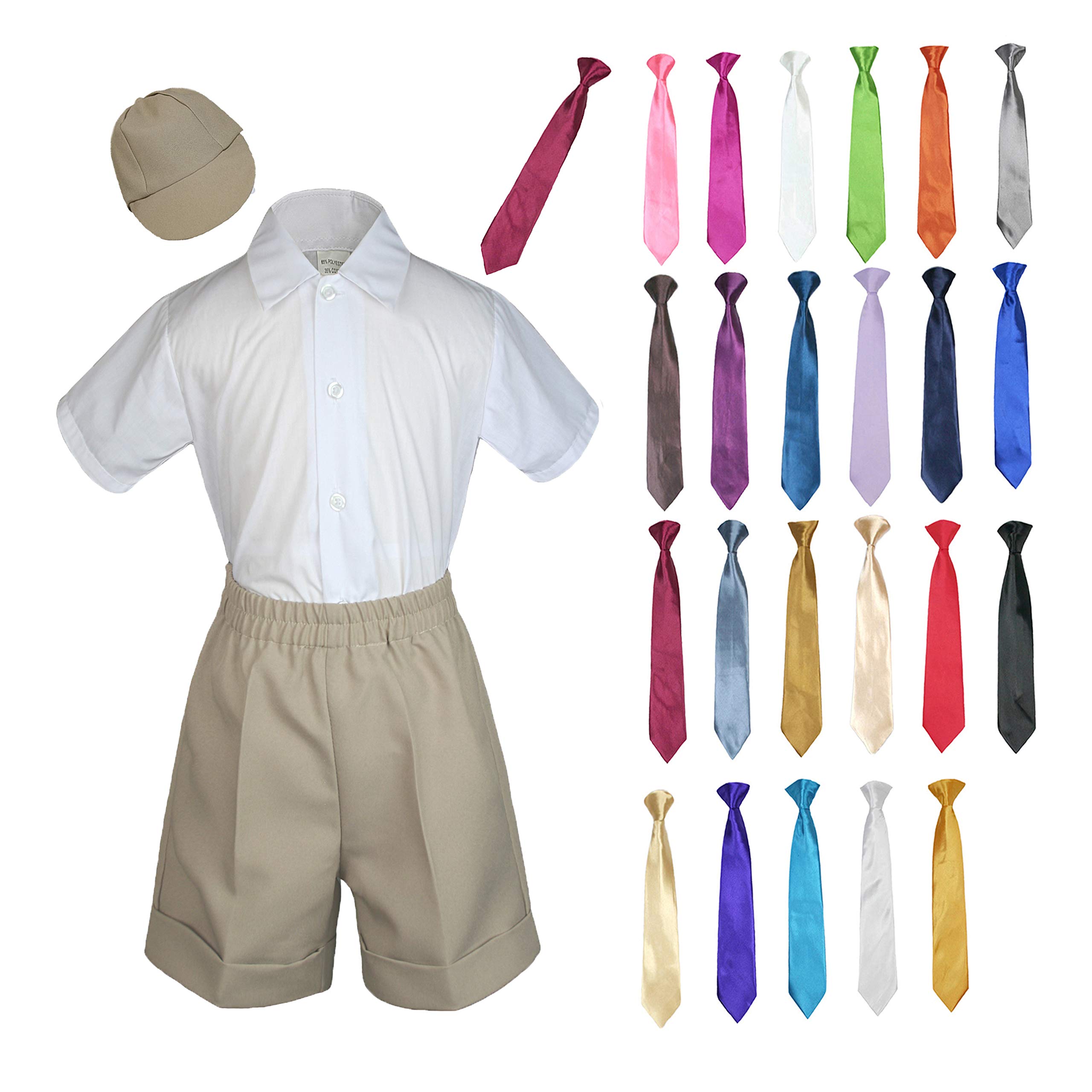 MILLTEX 4 Pieces Formal Party Wedding Color Satin Necktie Shirt W/Hat Khaki Shorts Set New Born Baby Boy Toddler Sm-4T (4T, Burgundy)