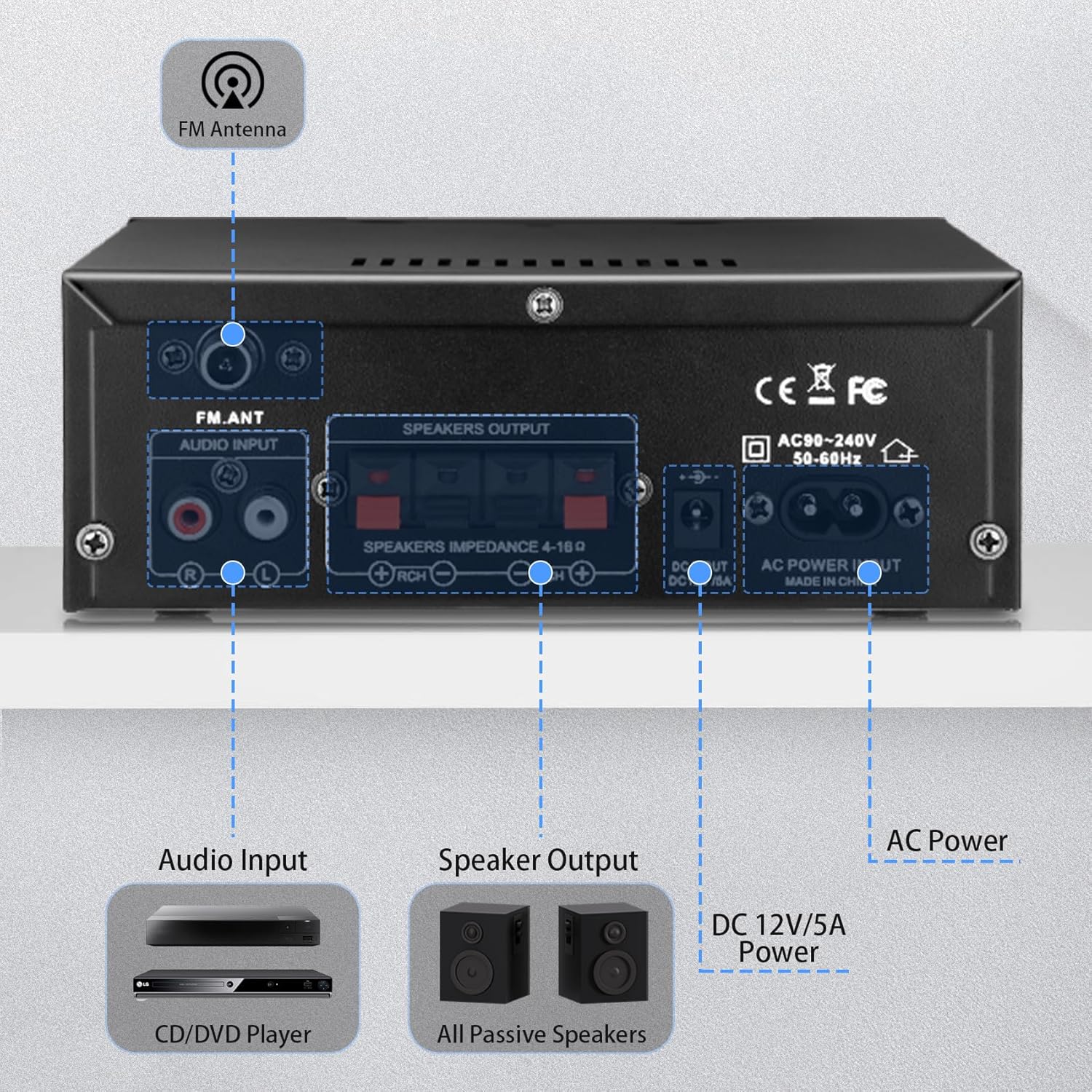Rear panel of Daakro AK45 ampലേബൽ ചെയ്ത കണക്ഷനുകളുള്ള ലിഫയർ