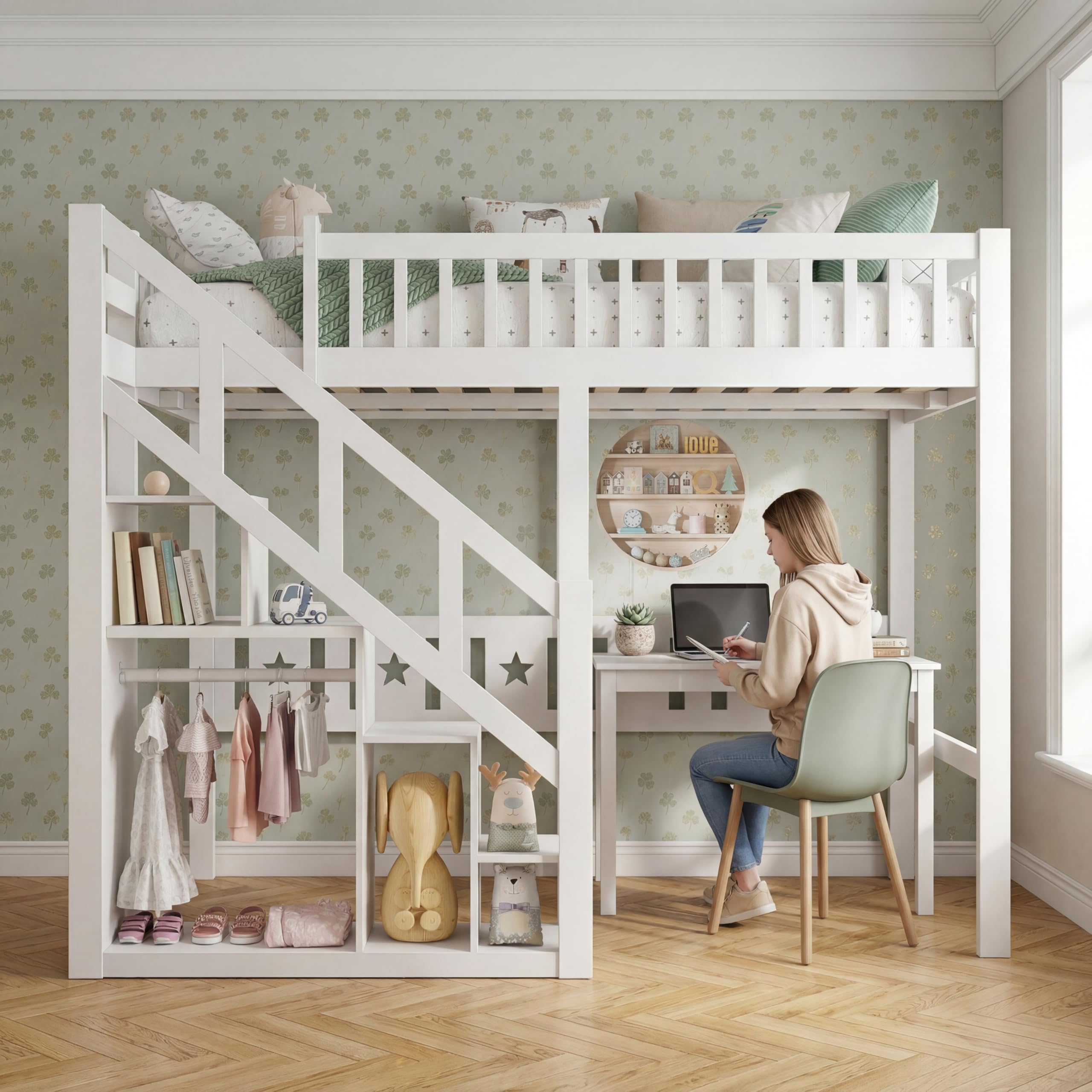 Etagenbett 90x200 mit Treppe & Stauraum, Hochbett Kinderbett mit Lattenrost, Funktionsbett Jugendhochbett Stockbett für Kinderzimmer, Jugendliche und Erwachsene, Weiß (Weiß, 90x200cm)