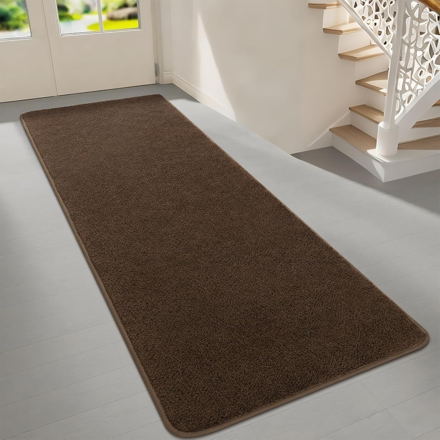 2x6 Feet Runner Rugs for Hallway, Brown Modern Soft Bedroom Bedside Rug, Low Pile Non Slip Memory Foam Rugs,Washable Fluffy Carpet for Entrance Kitchen Laundry Living Room Decor 2x6Feet Brown
