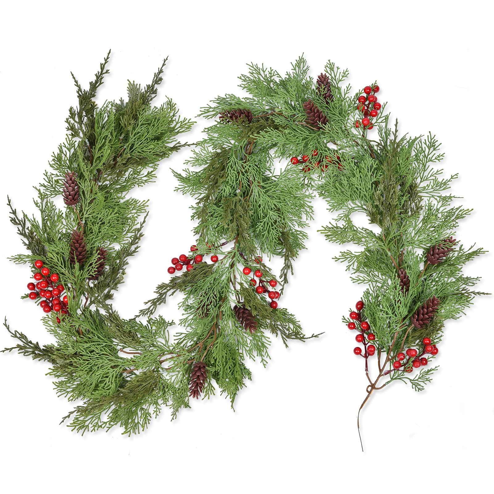 Christmas 6Ft Pine Garlands Garland, Realistic Artificial Faux Greenery Garland with Pine Cone and Berry for Mantle Holiday Indoor Outdoor Fireplace