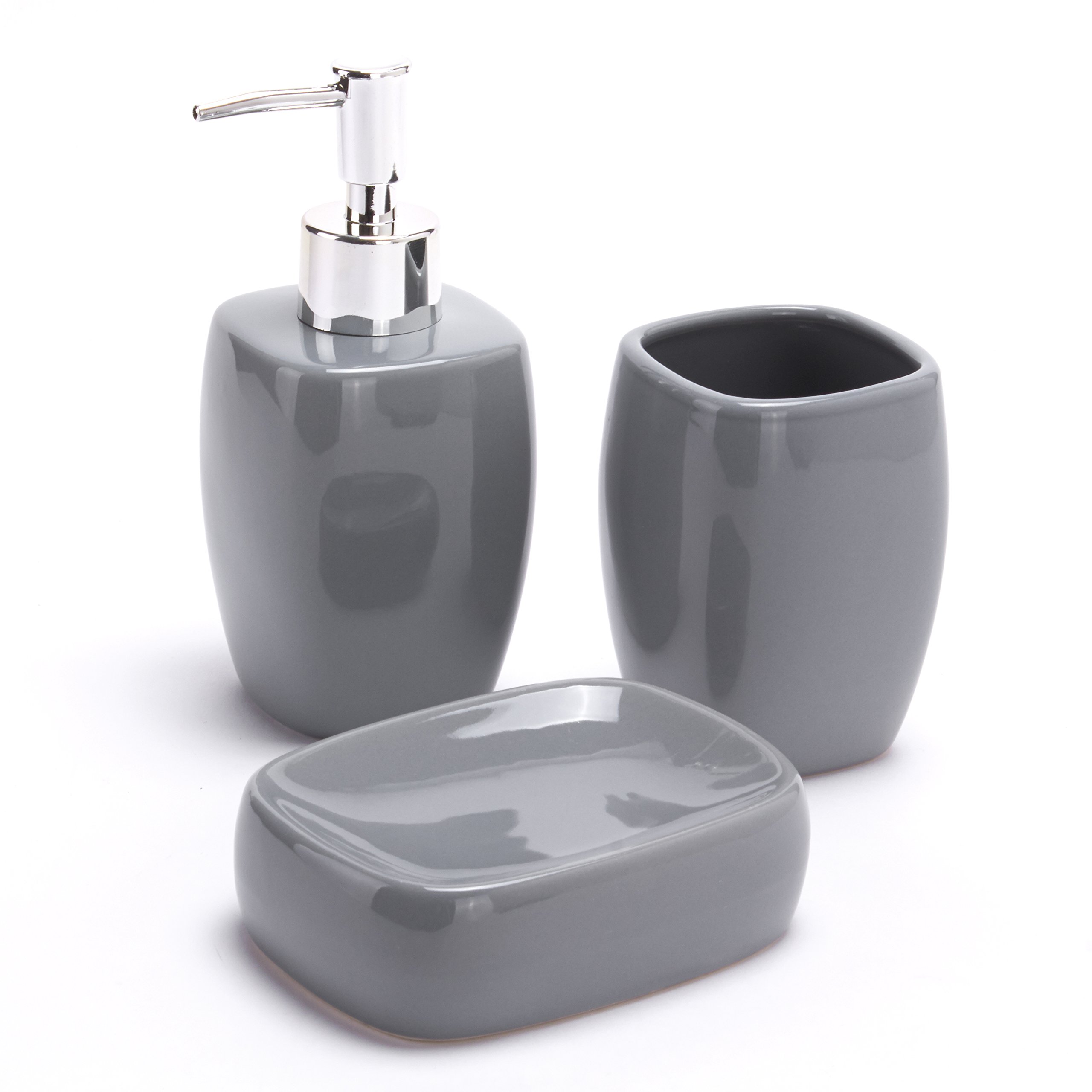 MSV - Juego de Accesorios de baño de cerámica de 3 Piezas - Dispensador de jabón - Jabonera - Vaso - Gris Antracita - Diseño Elegante y estético