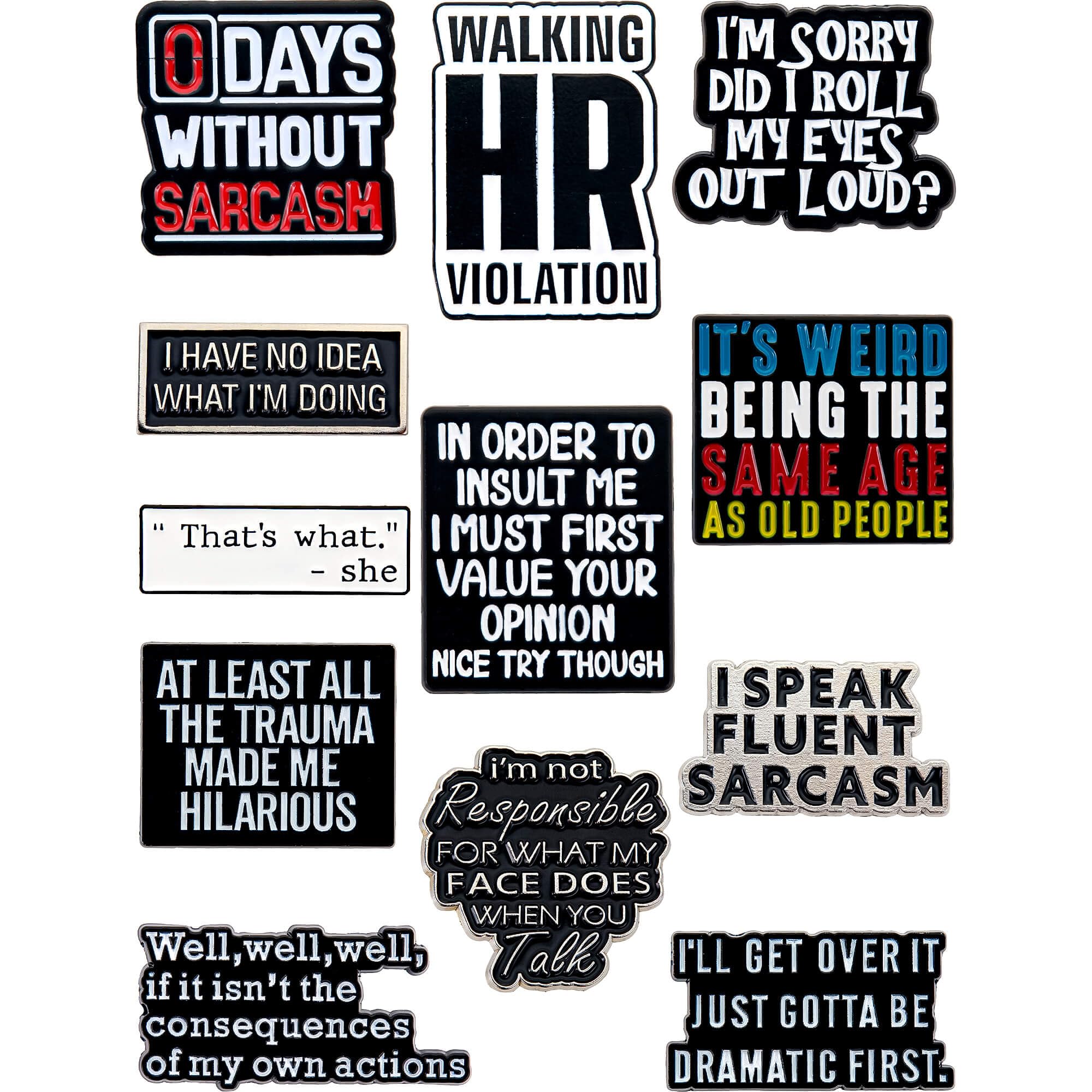 Anjulery Funny Enamel Pins Set of 12 – Sarcastic & Witty Quote Lapel Pins for Jackets, Backpacks, Hats & More – Collectible & Aesthetic Accessories – Unique Gift for Friends, Coworkers & Pin