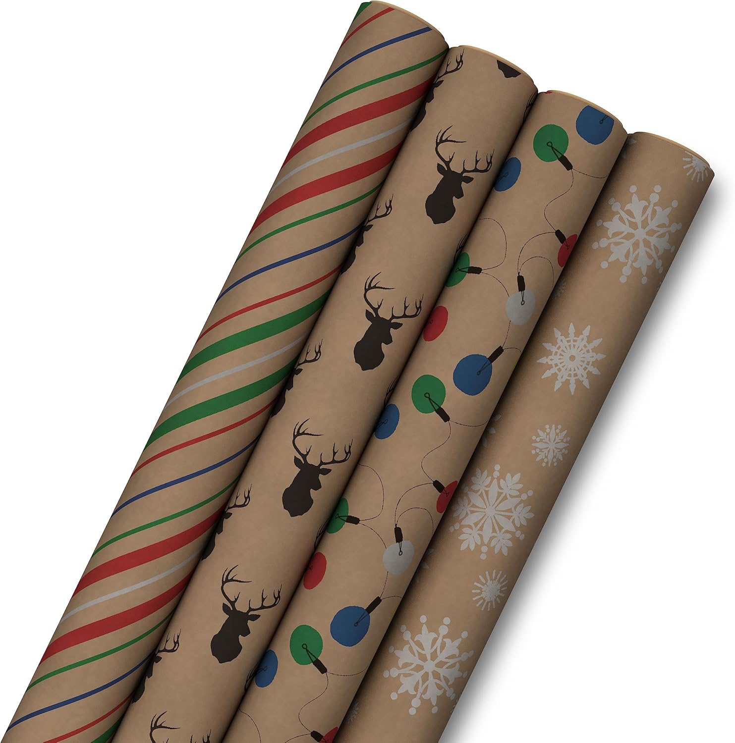 Hallmark Recyclable Christmas Wrapping Paper for Kids with Cut Lines on Reverse (4 Rolls: 88 sq. ft. ttl) Kraft Brown with Christmas Lights, Deer, Snowflakes, Red, Green, Blue Stripes (0005JXW1212)