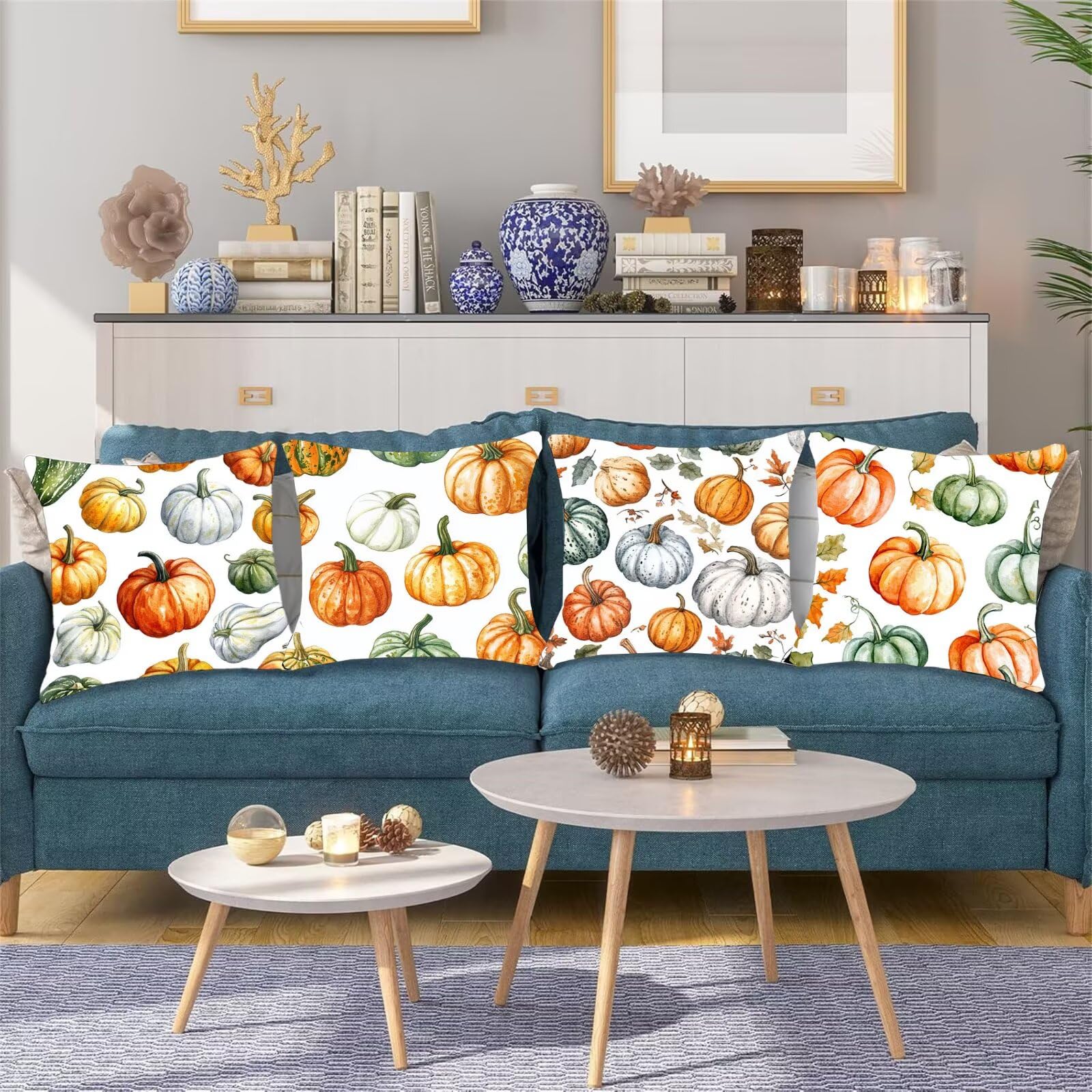 Poduszki Sofa Jesienna Dynia Poszewka na poduszkę 60 x 60 Poduszka Dekoracja łóżka Zestaw 4 aksamitnych kwadratowych poszewek na poduszki z ukrytym zamkiem błyskawicznym Nadaje się do salonu Sofa