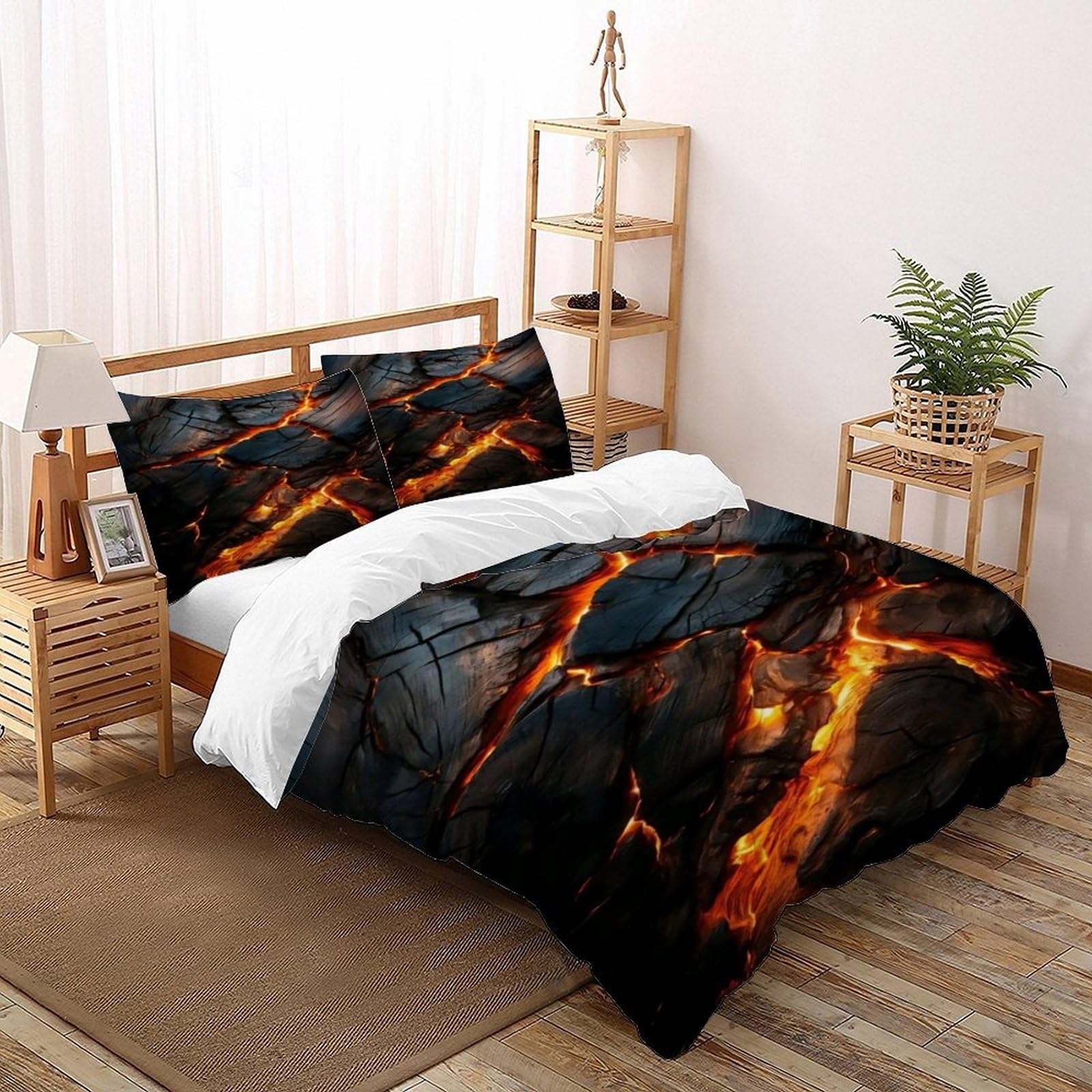 Housse de couette 3 pièces motif flammes et parure de lit charcoal Super King size