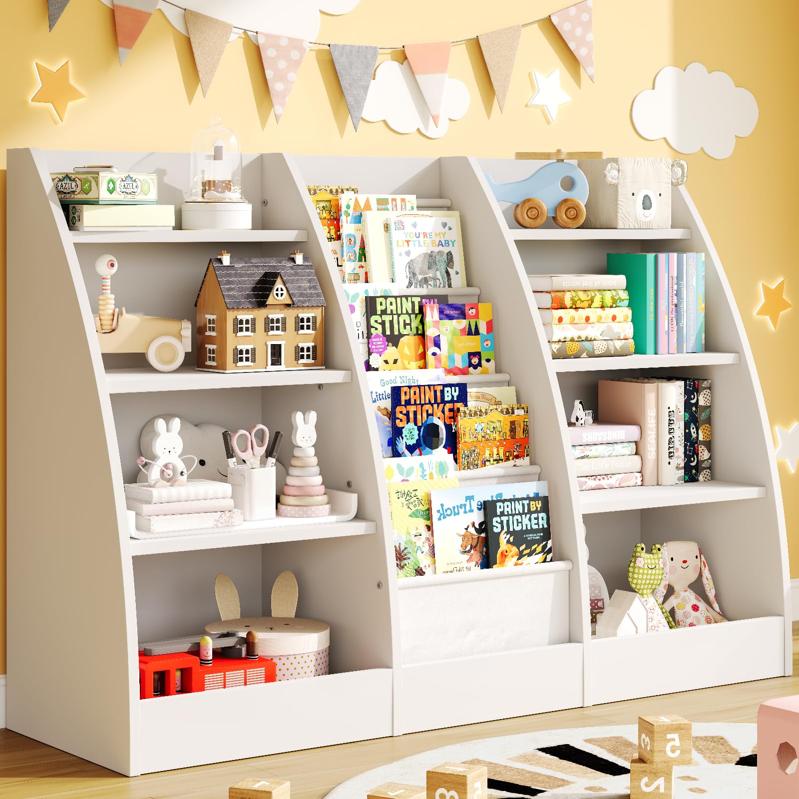 4 Tier Kids Bookshelf, 4 Layer Sling Kids Book Shelf for Kids Rooms, XXL Wood Children Bookcase,Baby Storage Book Rack,Toddler Bookshelf, Book and Toy