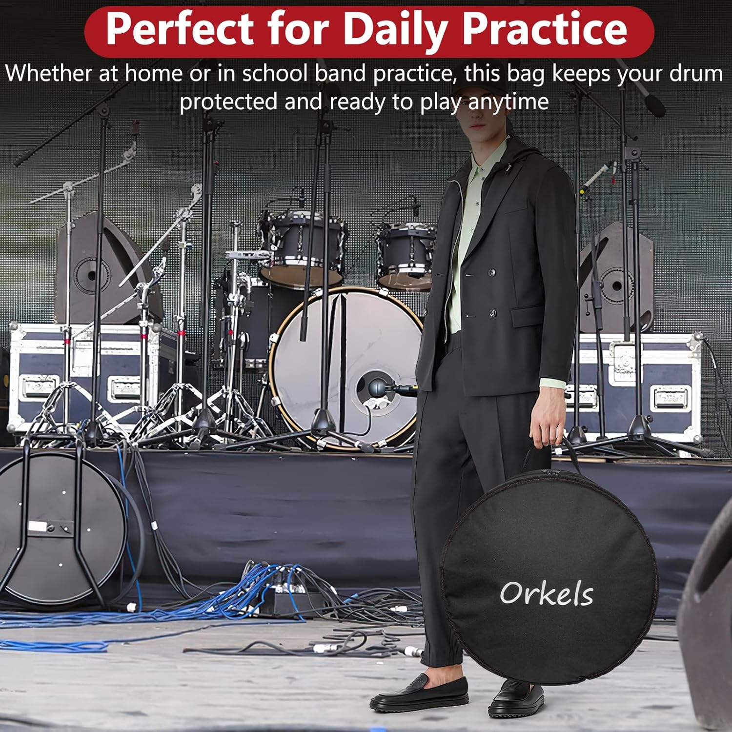 ORKELS Floor Tom Drum Bag, Padded Drum Case with 10mm Cushion, 600D Oxford Floor Tom Carrying Case with Reinforced Webbing for Storage & Transport, For-16''x16''/16''x14''-Tom Drum