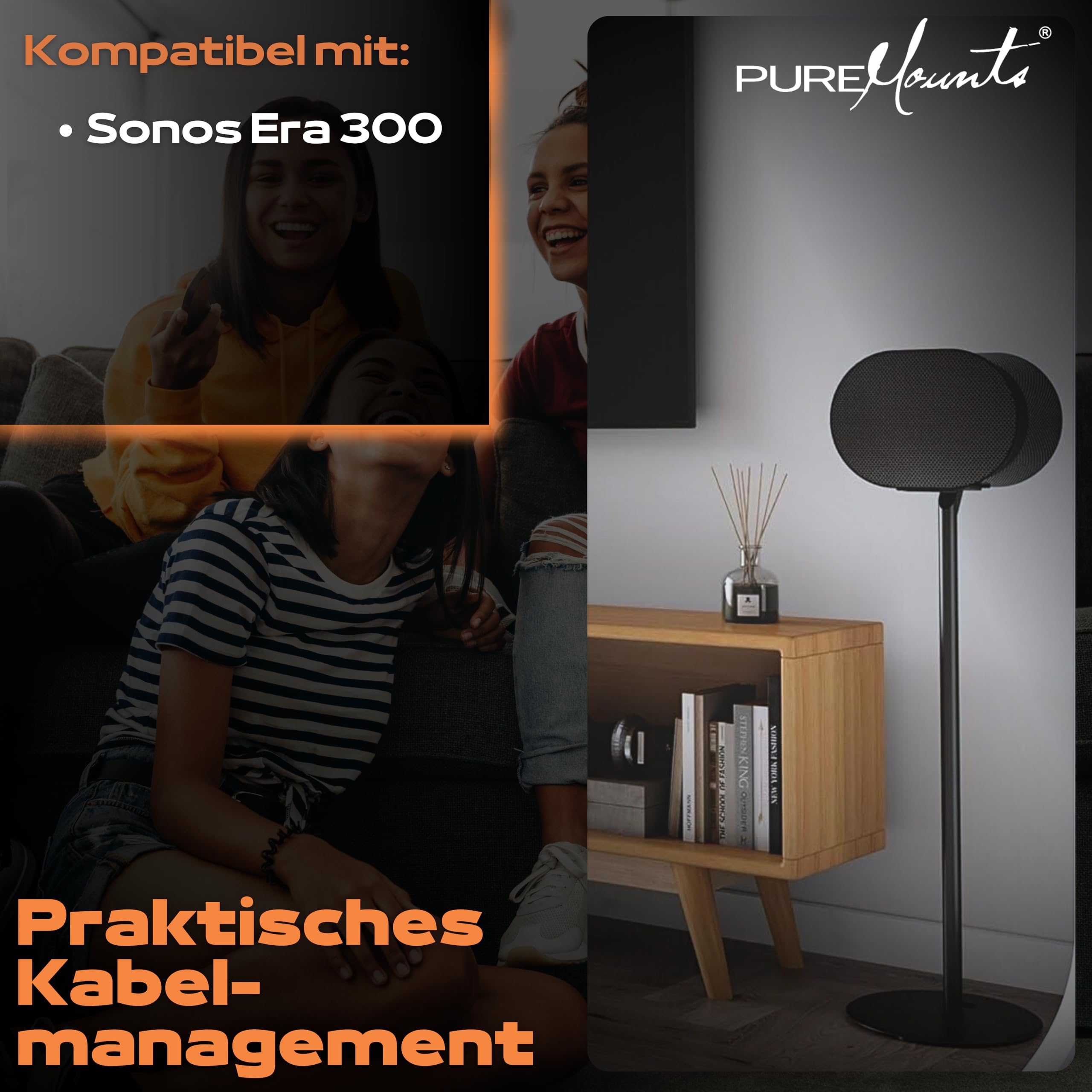 Supporto per altoparlanti PureMounts per Sonos Era 300, supporto per altoparlanti, supporto per altoparlanti con gestione dei cavi, capacità di carico di 5 kg, nero