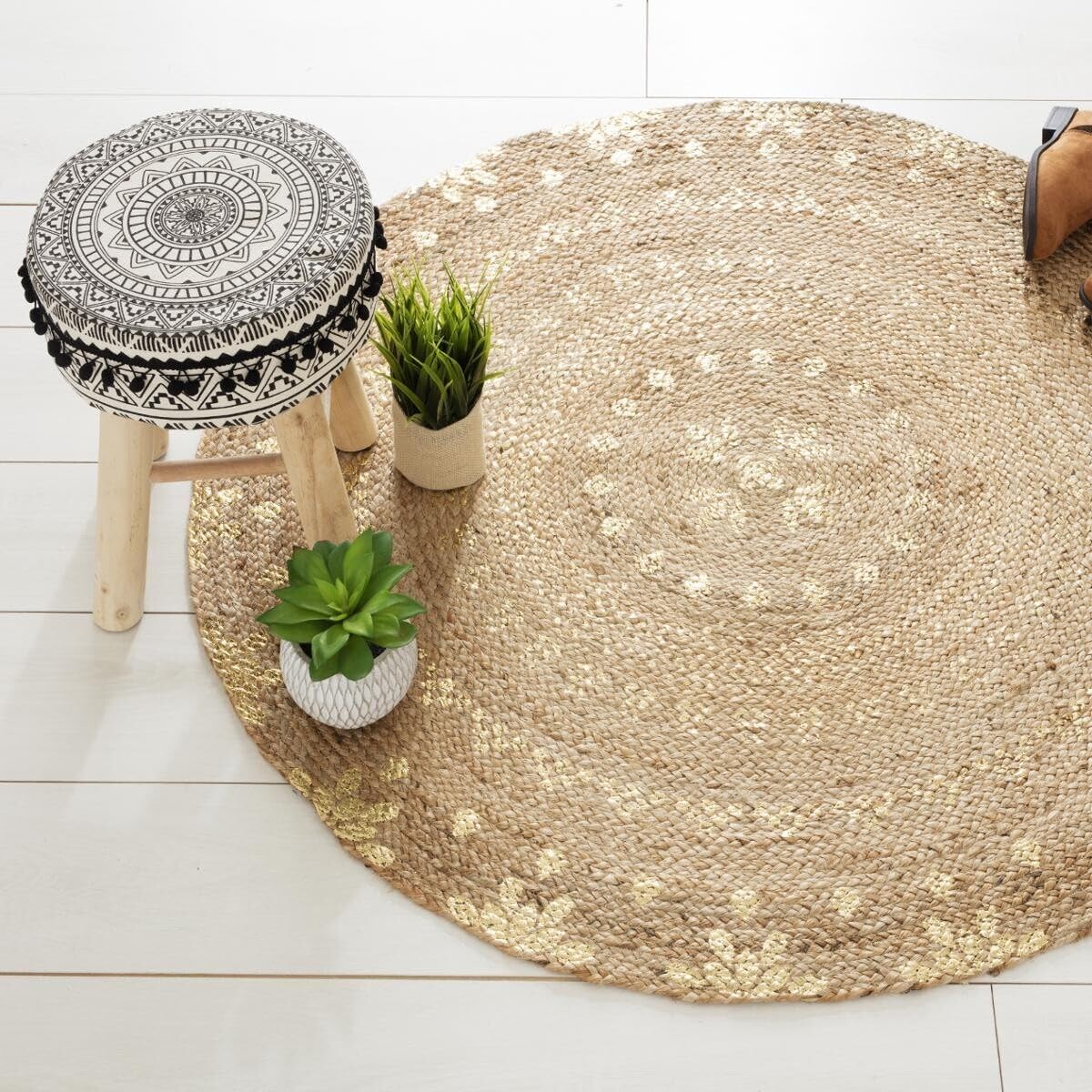 Atmosphera - Tappeto Rotondo, in Iuta con particolari dorati, Diametro: 115 cm, Jute/Doré, cm