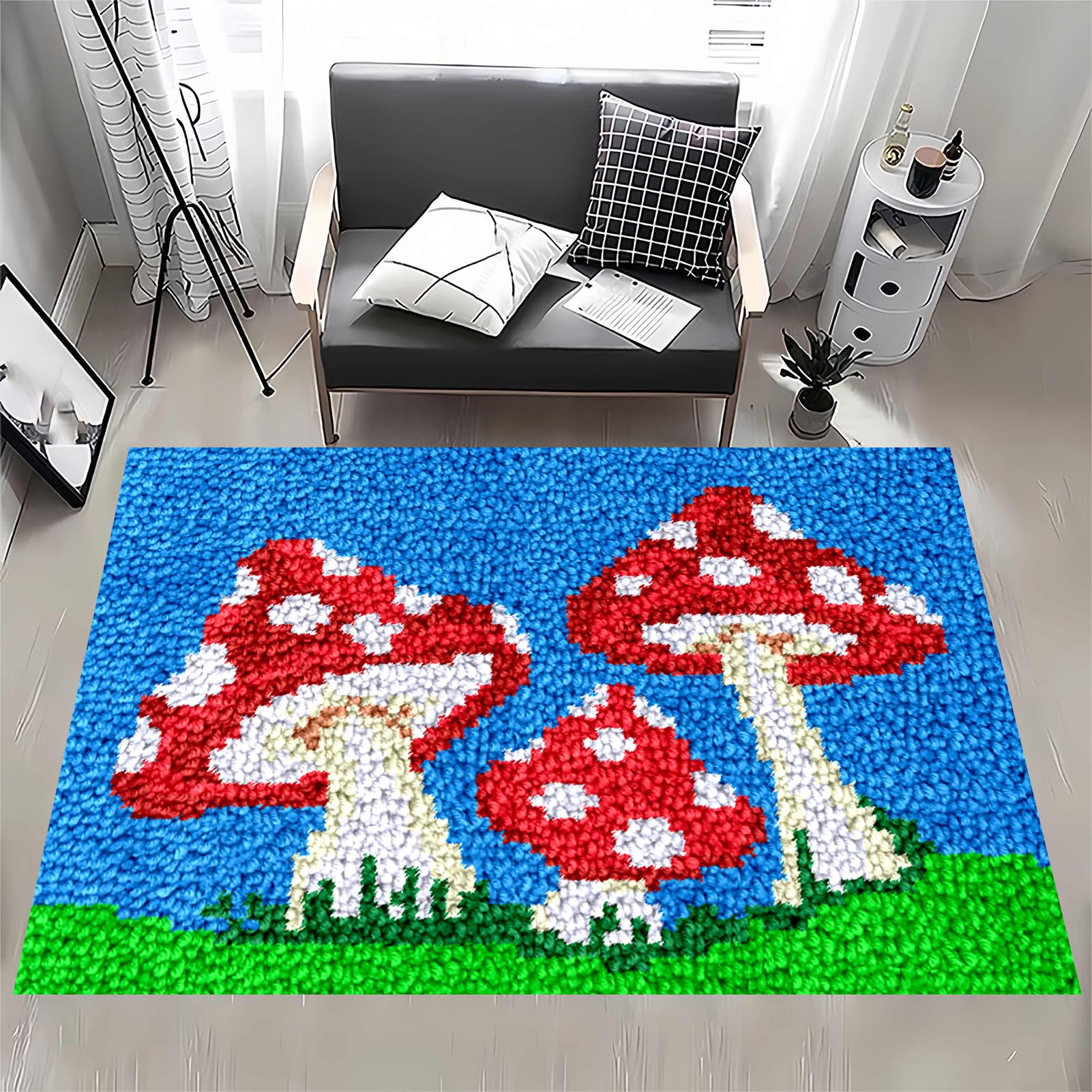 MXOUAJ 80 x 115 cm Latch Hook Rug Kits for Adults, Rug Making Kits for Adults, Printed Canvas Tapestry Kits Embroidery Kits, DIY Crochet Yarn Floor Cushion Crochet Large Hook for Home Decoration