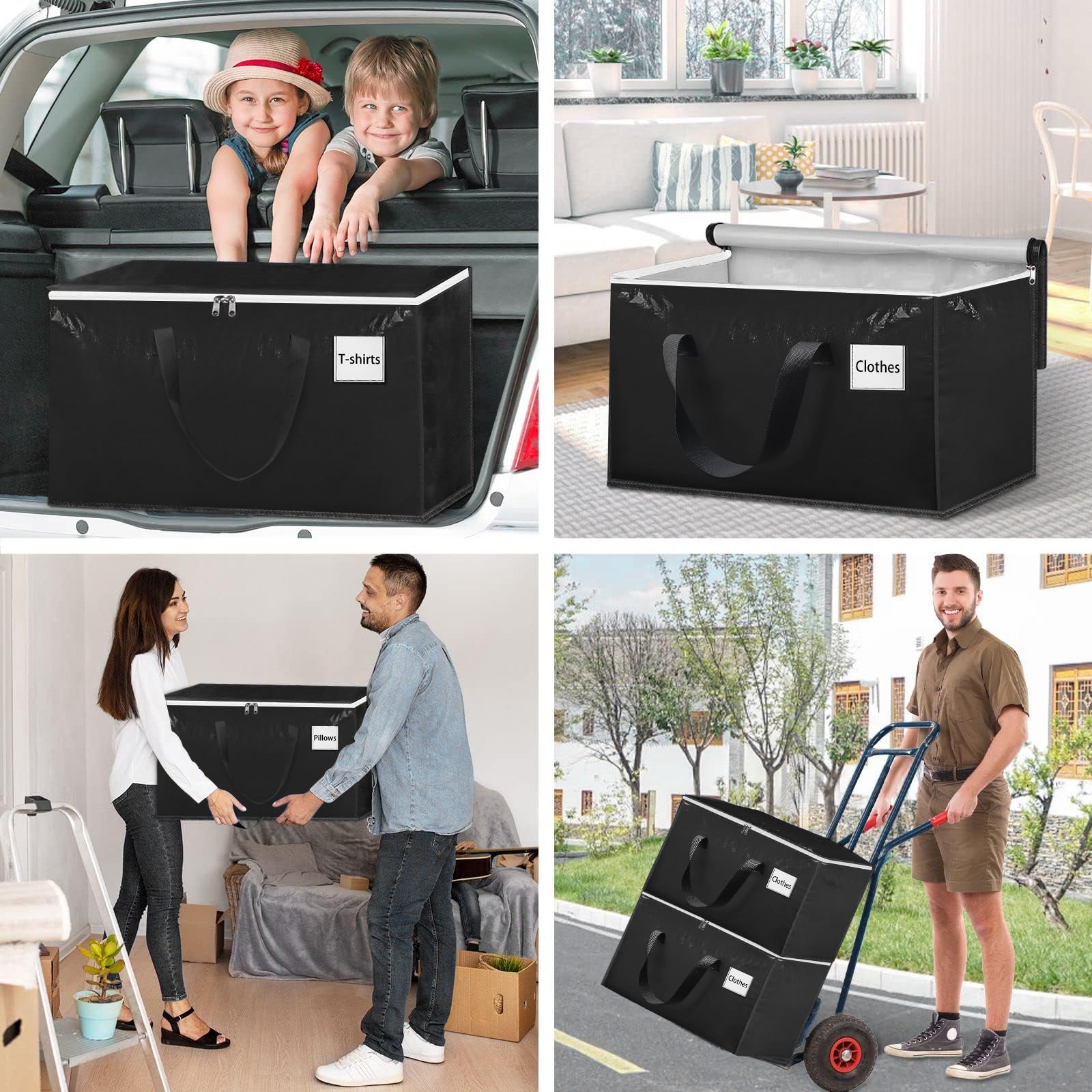 Withosent 100L Grande Bolsa de Almacenamiento, 8 Piezas Impermeable Bolsas de Mudanza con Cremallera y Asa, Bolsas para Guardar Ropa Edredones, Alternativa a las Cajas de Mudanza, Negro