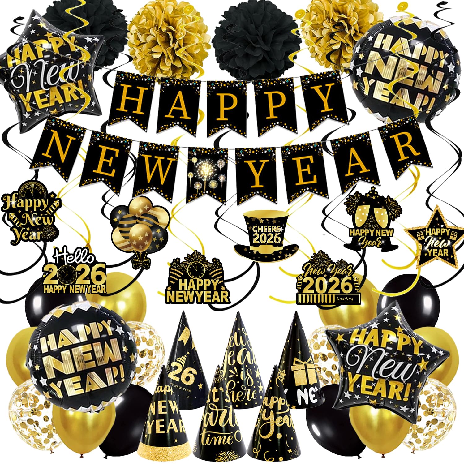 2026 New Year Party Decorations Black Gold Happy New Year Banner Balloons Pom Poms Hats Photo Props NYE Decor Supplies for Home Office Holiday