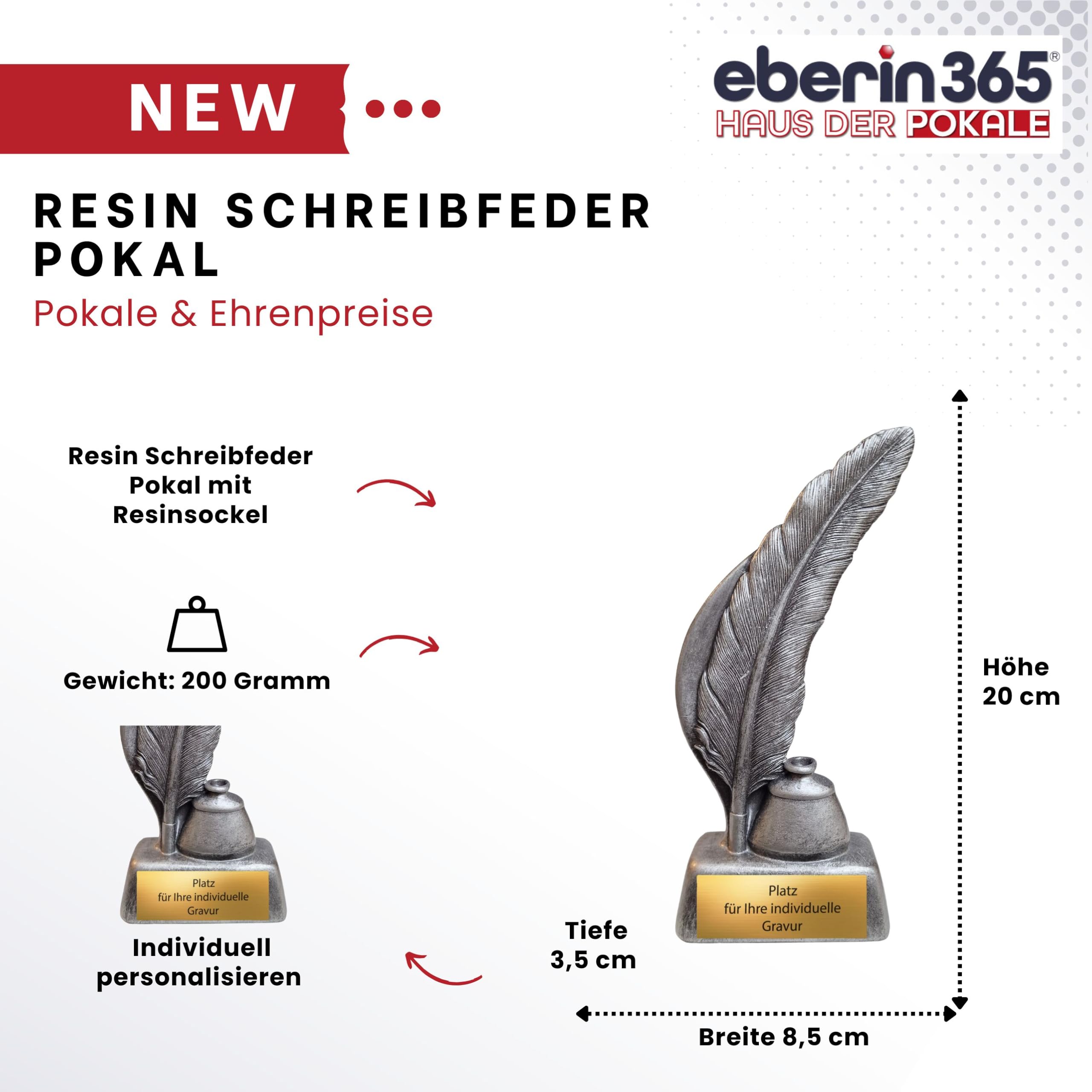 Schreibfeder Pokal aus Resin 20 cm hoch – stilvolle Resinfigur mit Gravurschild – Award für Autoren Absolventen Lehrer & Bildung – perfekt für Schulabschluss Meisterprüfung & Ehrungen