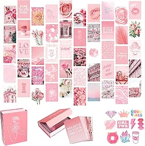 Artivo Pink Wall Collage Kit Aesthetic Pictures 50 Set 4x6, Light Pastel Pink Wall Decor for Teen Girls and Kids, Cute Bedroom Decor, Aesthetic Dorm Decor, Pretty Wall Decor Prints