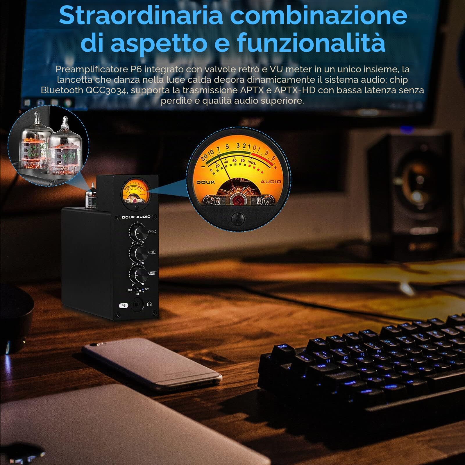 Douk Audio P6 HiFi Bluetooth Preamp Valvole Tube Preamplificatore Stereo Audio Amplificatore Cuffie Amp VU Meter