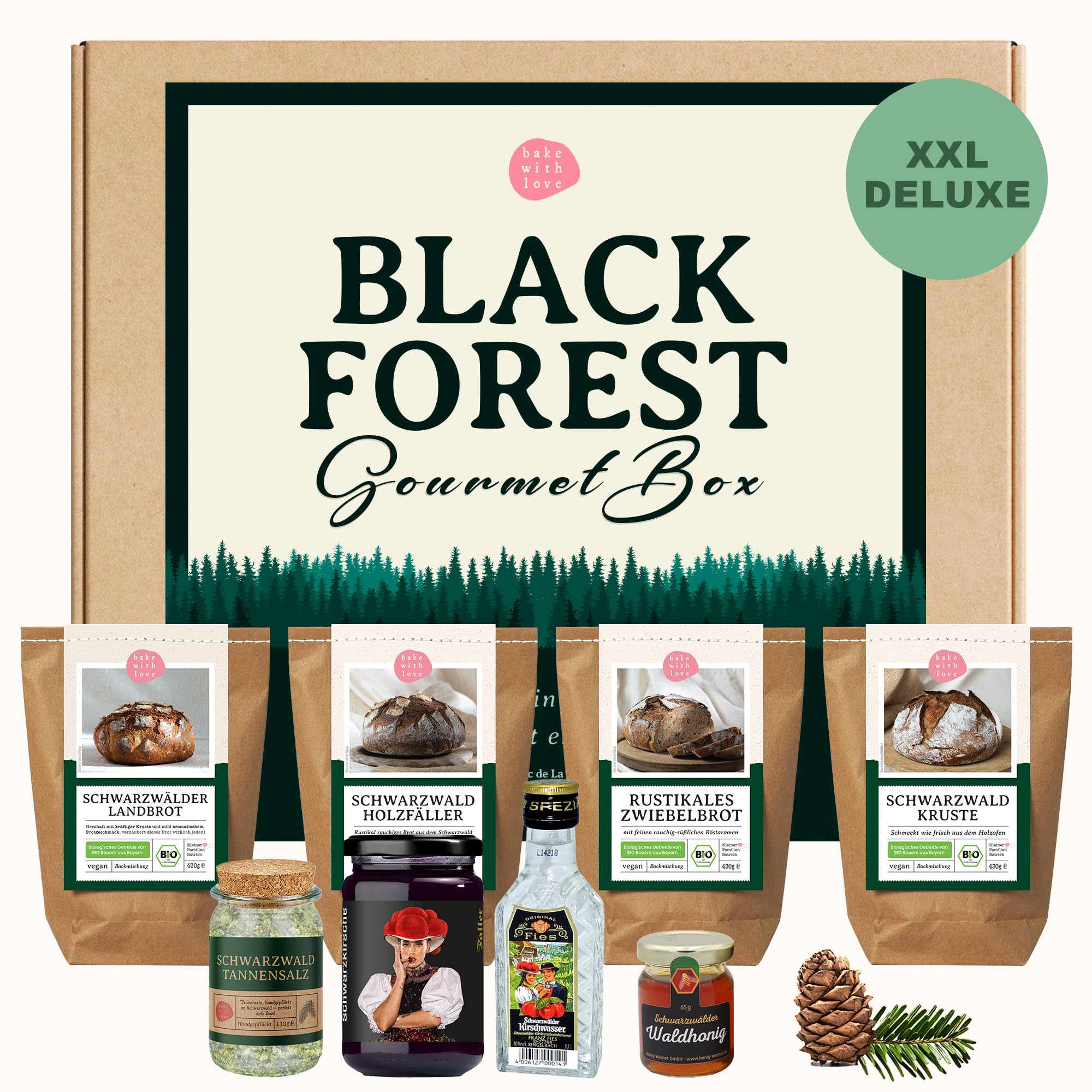 Bake with Love - Black Forest Gourmet Box | zestaw upominkowy z delikatesów ze Schwarzwaldu | koszyk prezentowy na Boże Narodzenie | kosz prezentowy wypełniony mieszankami chleba z bio, konfiturą i