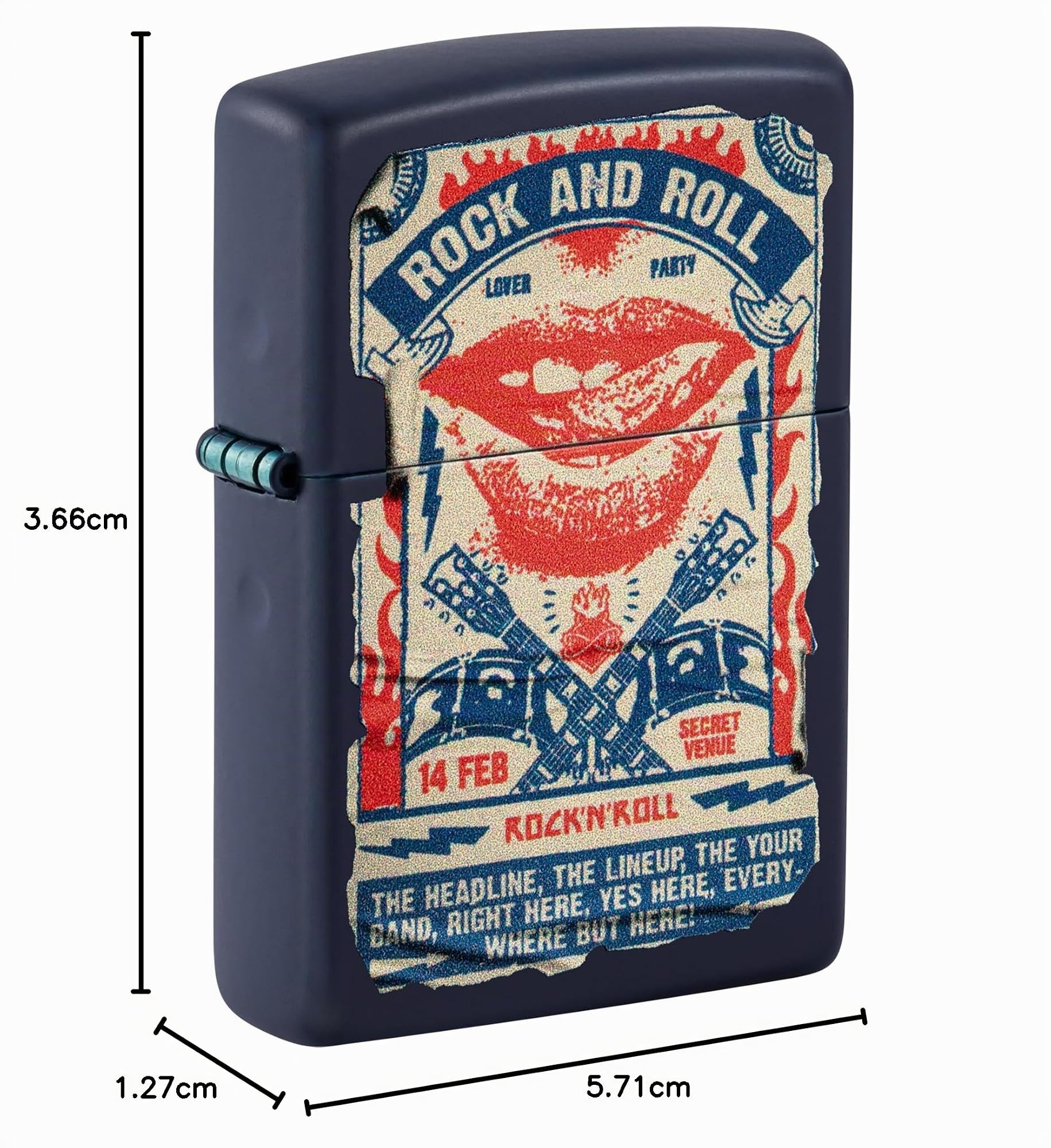 Zippo Encendedor a Prueba de Viento - Rock & Roll Poster - Acabado Azul Marino Mate, Color Image - Recargable - Reutilizable - Diseño a Prueba de Viento - Caja de Regalo - Hecho en EEUU