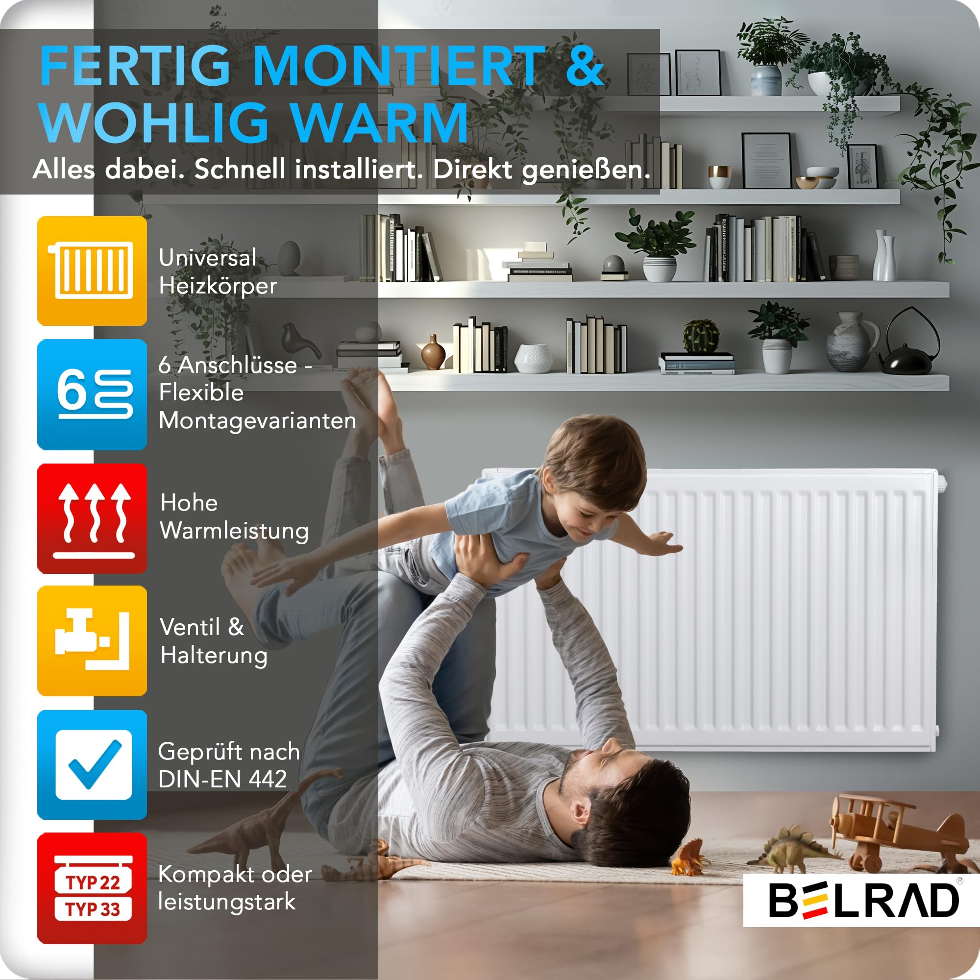 Belrad - Radiador universal (500 x 1200 mm, 6 conectores)