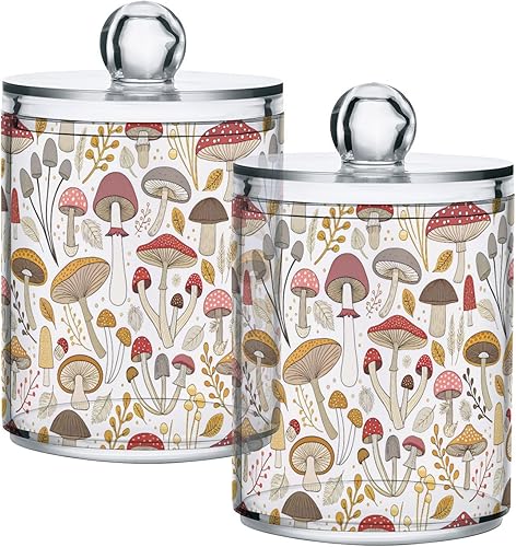 Paquete de 2 tarros de boticario para baño, coloridos setas, dispensador de plástico transparente con tapa para bolas de algodón, hisopo de algodón