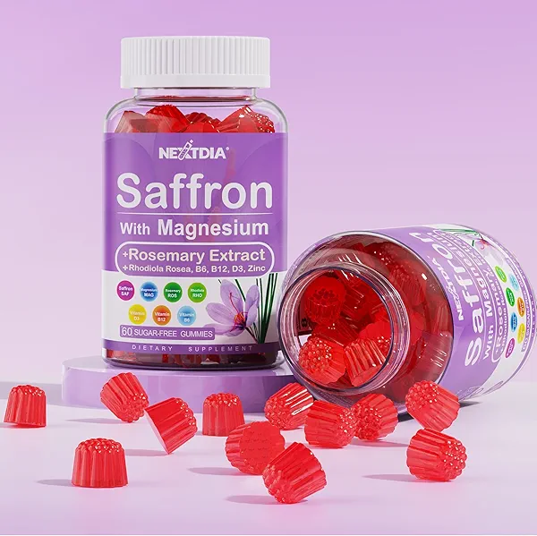 Saffron Supplements Gummies - 4 Months Supply - Saffron Extract 177mg 88.5mg, w/Magnesium Glycinate 400mg 200mg, Rhodiola Rosea, Rosemary, B6 B12 D3 for Calm, Nerve, Rest, Focus, Sugar-Free, 2 Pack