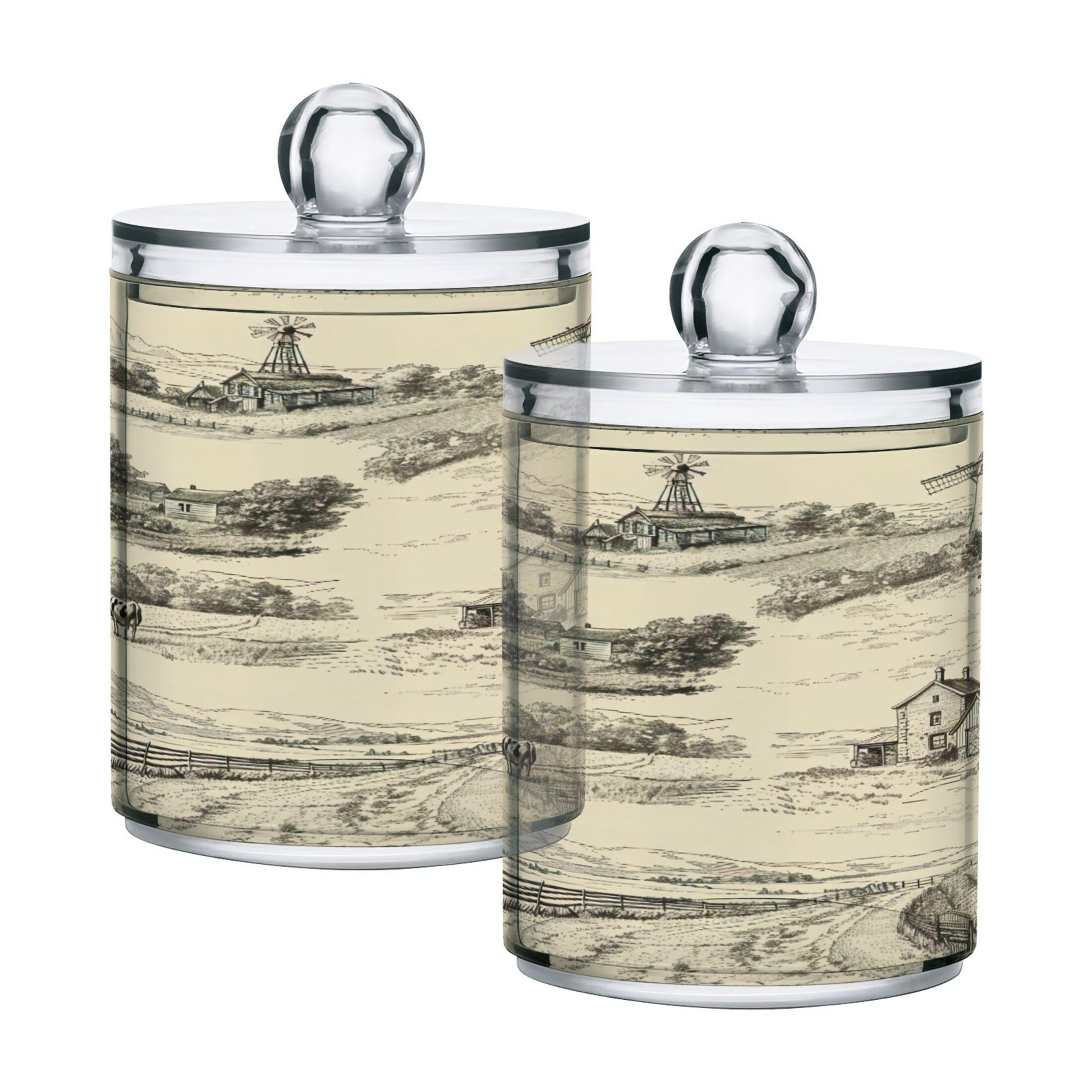 4 Pack Landscape with Windmill Qtip Holders Dispenser Bathroom Vanity Organizers Clear Plastic Apothecary Jars with Lids for Cotton Ball, Cotton Swab, Cotton Round Pads, Floss