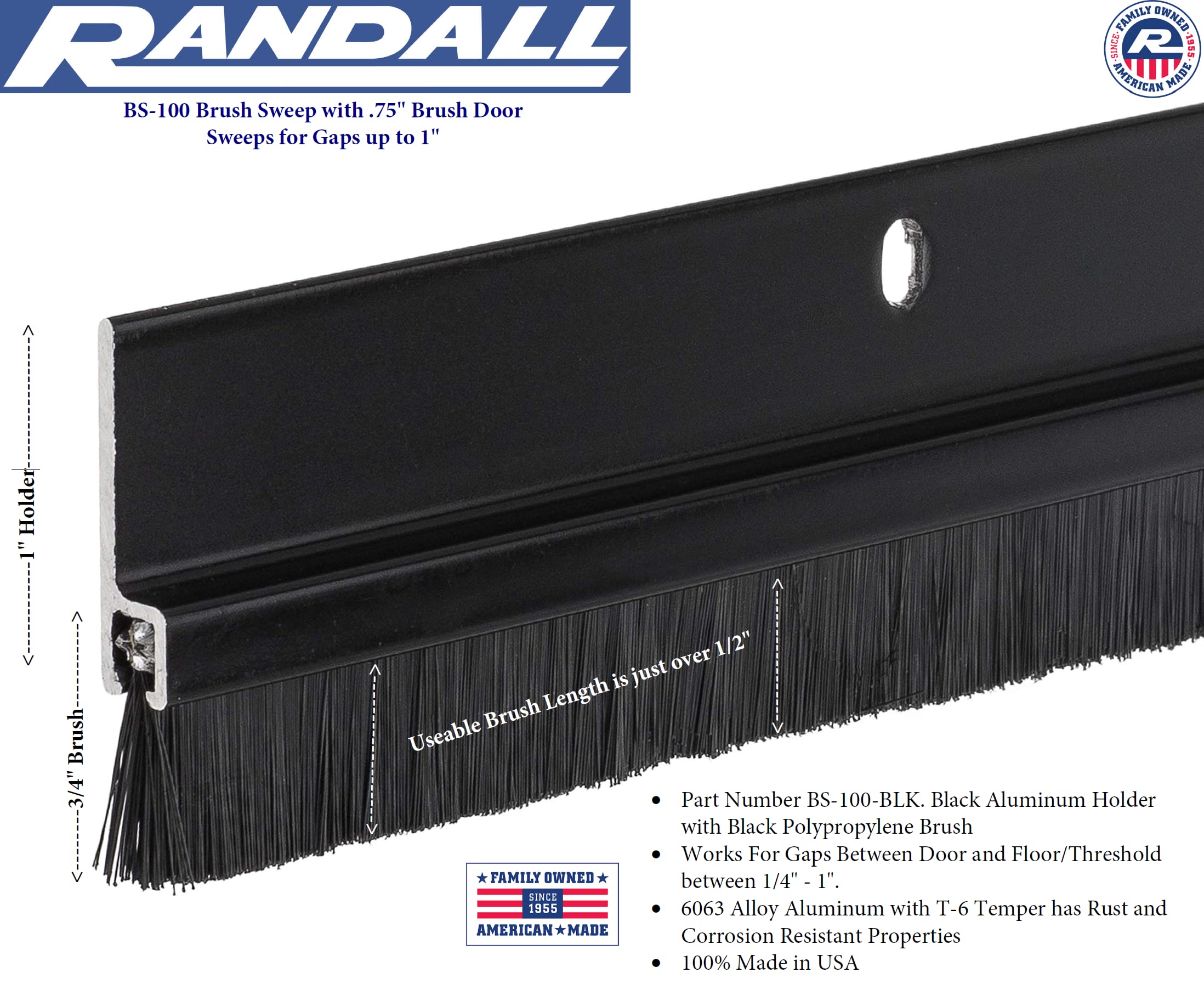 36" Black Door Sweep with Brush for Gaps up to 1" Made in USA