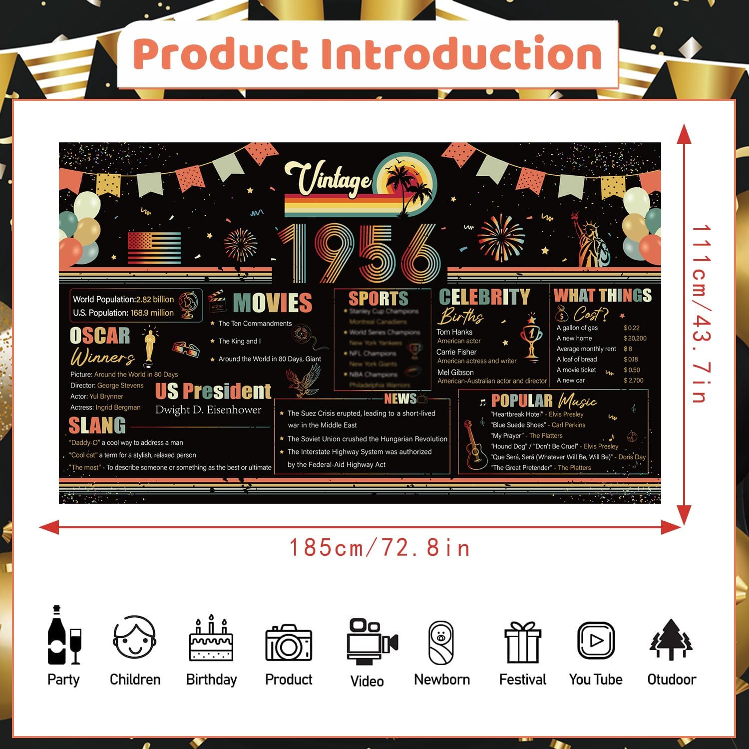 Vintage Large 70th Birthday Banner Backdrop, Back in 1956 70th Birthday Party Decorations for Men Women, Happy Seventy Bday Sign Photo Background Poster Decor Supplies(73 X 43 Inches) - Image 2