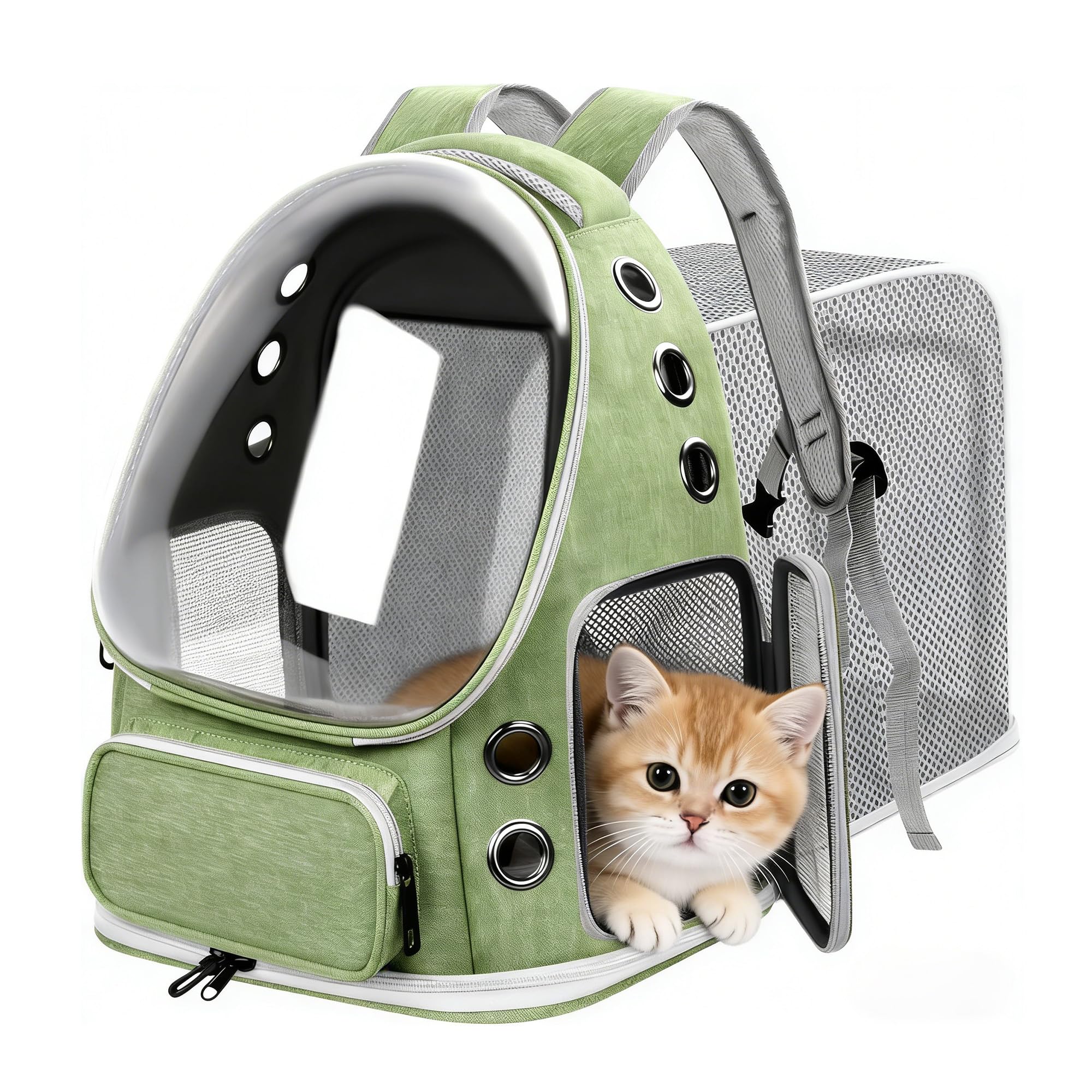 Expandable Cat Backpack Carrier, Breathable Cat Bubble Backpack for Kitty & Small Dog up to 18lbs, Large Space Cat Carrier Backpack, Foldable Airline Approved Carrier for Travel (Green)