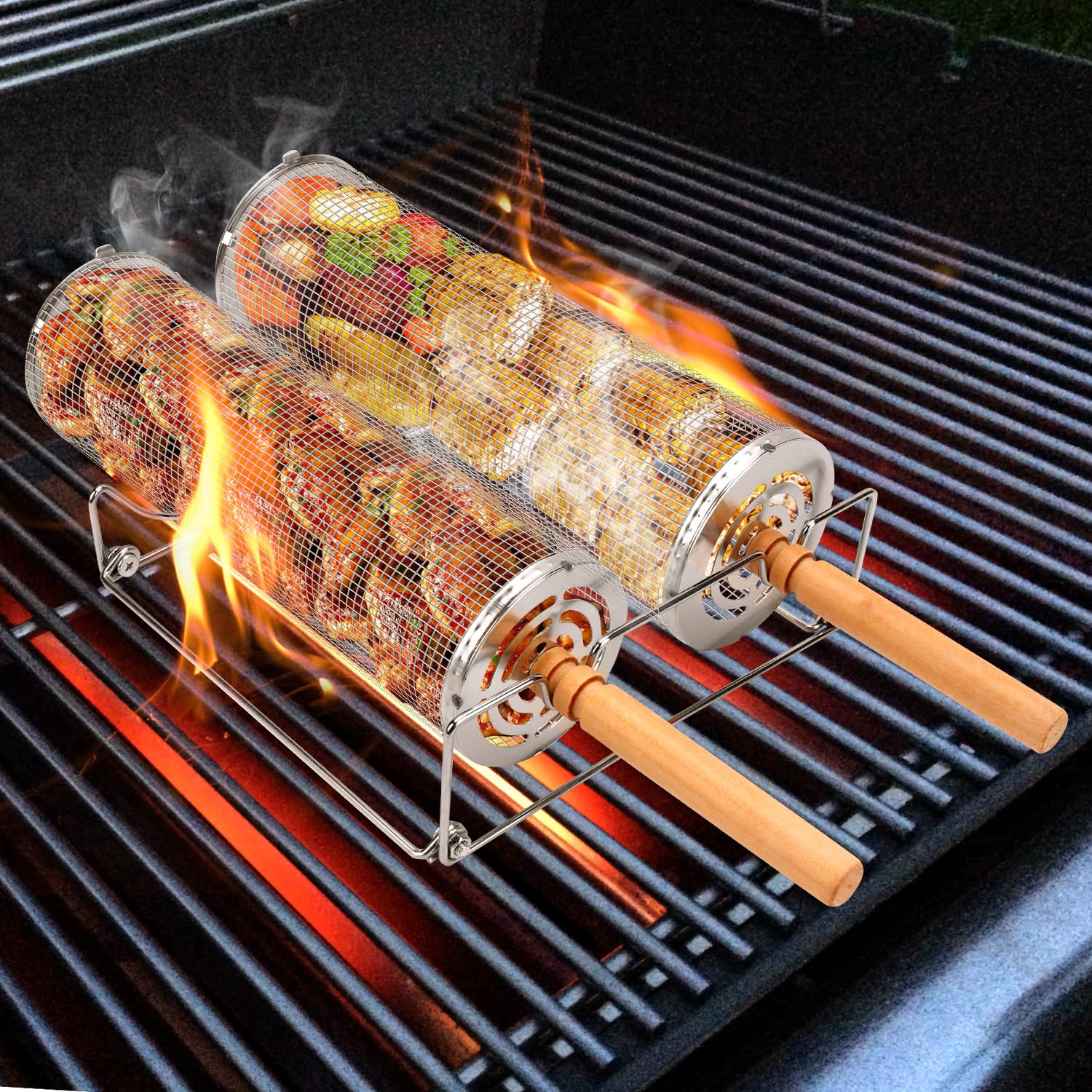 2 Stück Rollender Grillkorb Set, Zylindrischer Rotierender Grillkorb Edelstahl 304 mit Abnehmbarer Holzgriff und Halterung, GrillZubehör für Outdoor-Grill, Gemüse, Fleisch Garnelen