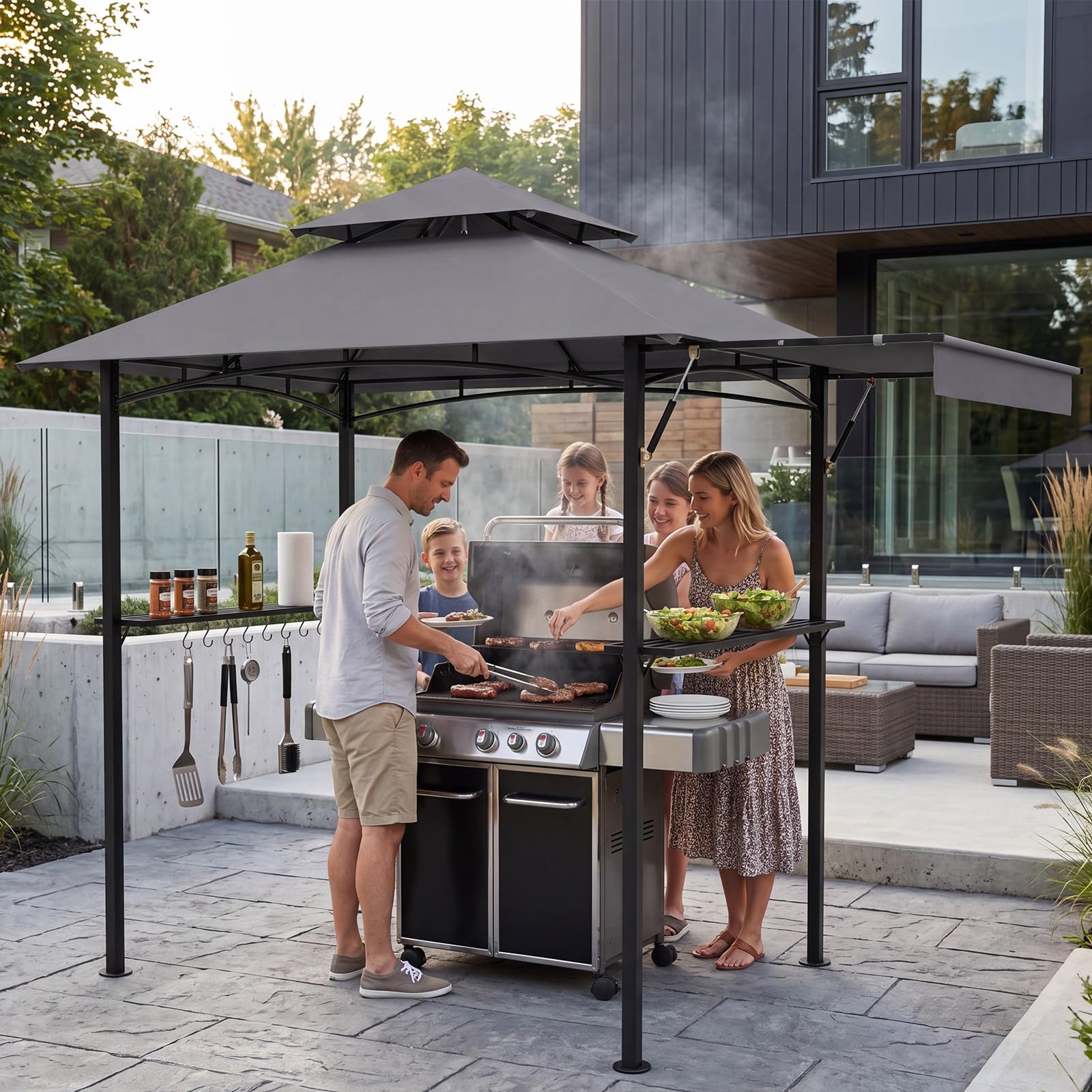 COSTWAY Gazebo per Barbecue 247 x 150 cm, Pergola per BBQ con Telo Laterale Retraibile, 2 Ripiani, 8 Ganci, Struttura in Metallo e Tetto a Doppio Strato per Feste, Barbecue e Picnic