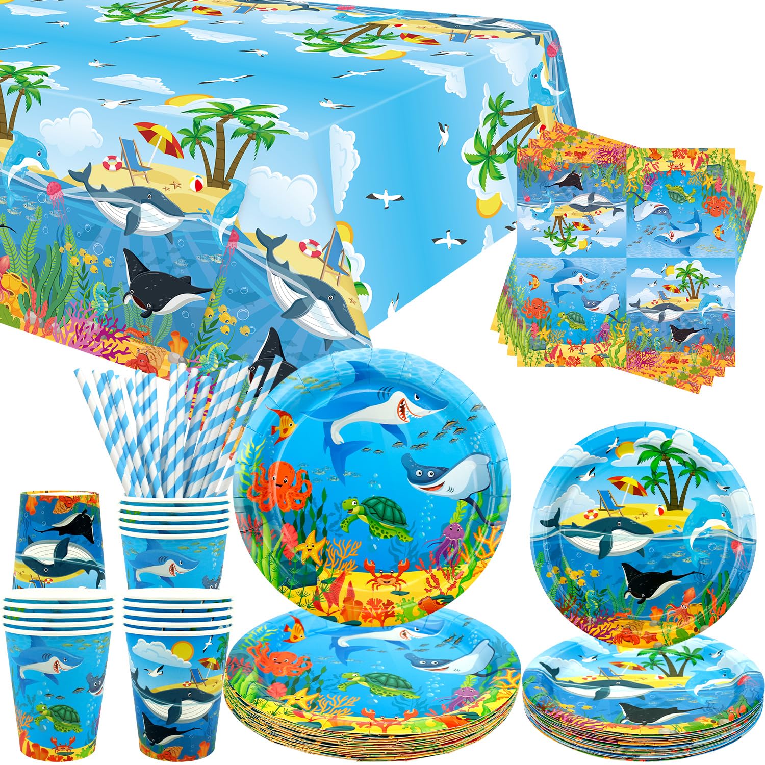 Under The Sea Party Decorations - Under the Sea Party Tableware - Dinner Plates Desserts Plates Cups Napkins Tablecover Straws for Ocean Beach Underwater World party Supplies, Serves 20