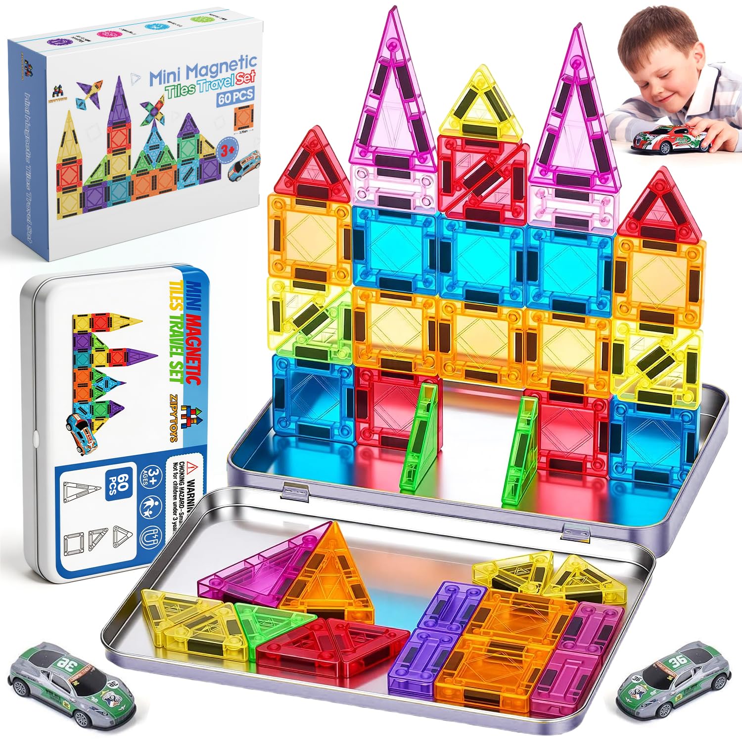 Zippytoys Travel Magnetic Tiles – 60PCS 3D Mini Magnetic Tiles Building Blocks with Mini Cars for Kids– Strong Magnets Portable STEM Montessori Educational Toy with Metal Storage Tin for Boys Girls 3+