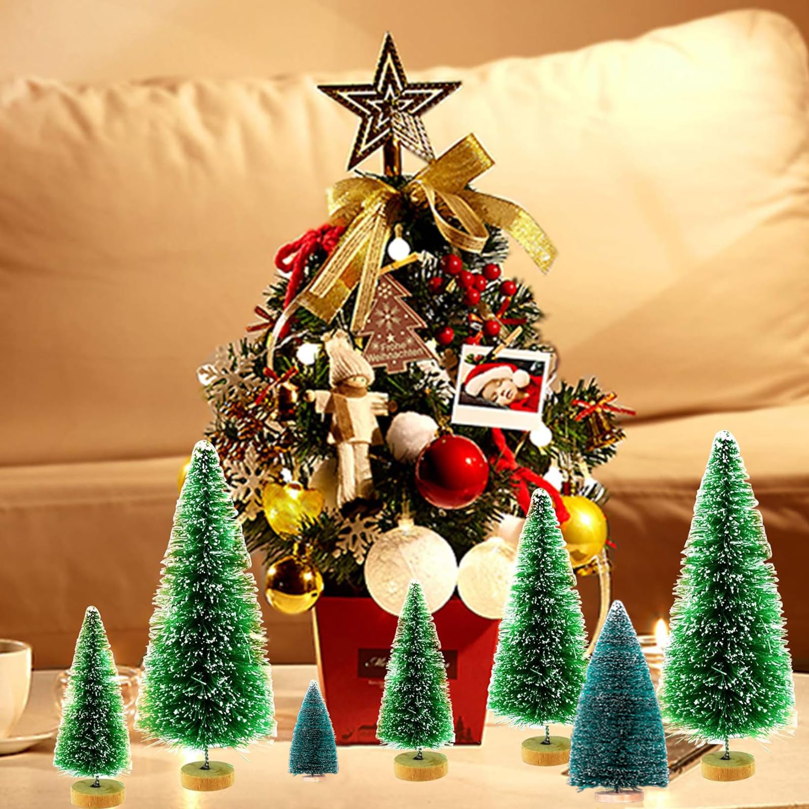 20 Pezzi Mini Albero di Natale 6,5/8,5/10,5/15cm Alberi di Sisal Artificiali Mini Albero di Natale Innevato Alberelli di Natale Piccoli per Decorazione Tavolo, Camera o Vetrina