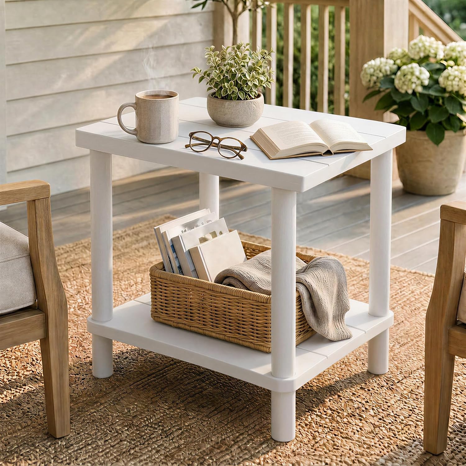 PASAMIC Outdoor Side Table, 2-Tier Square Patio Table for Indoor or Outside, Bamboo Outdoor Tables for Porch, Patio, Balcony, Backyard, Weather Resistant Adirondack End Tables, Low-Maintenance, White